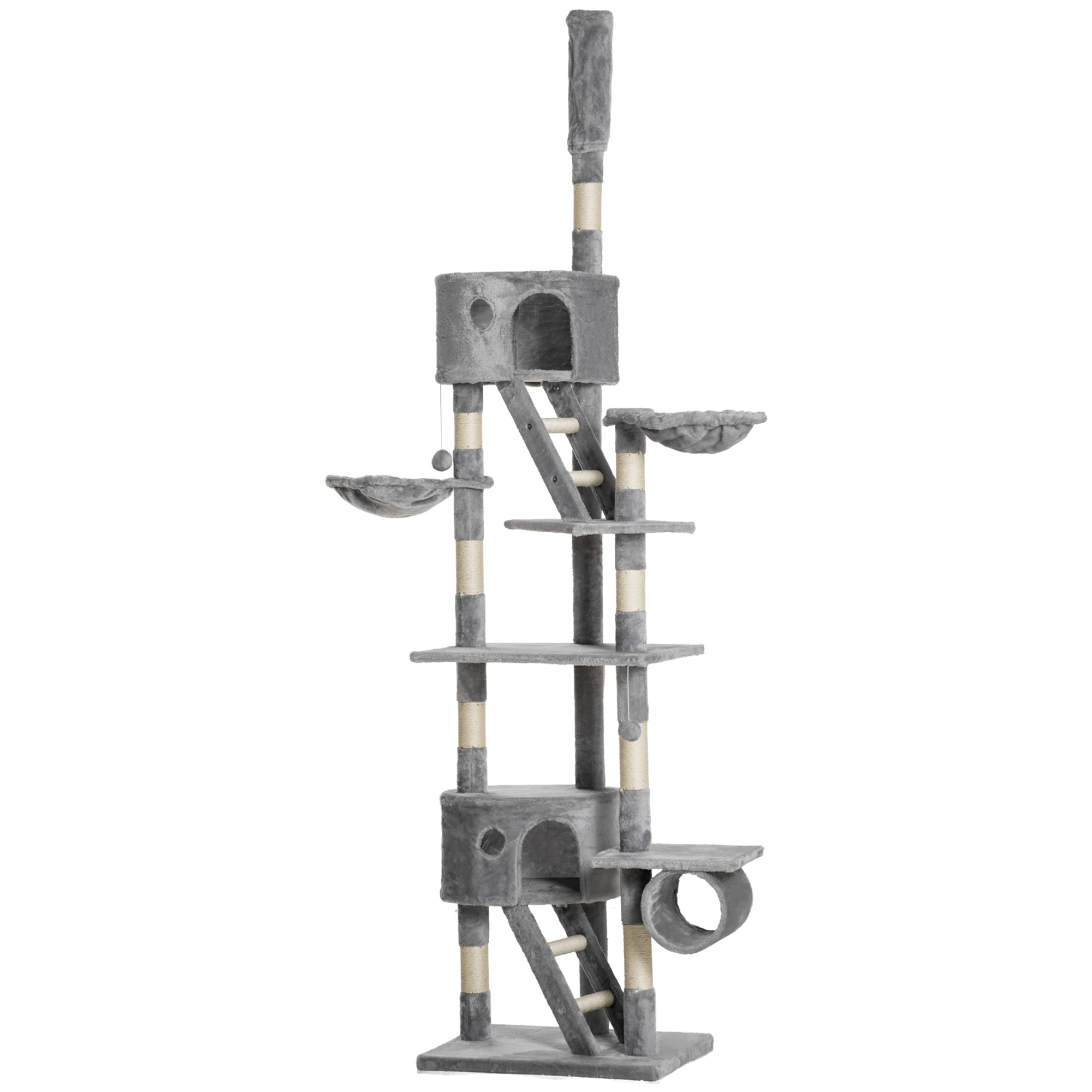 Floor to Ceiling Cat Tree for Indoor Cats 240-260cm Adjustable Height Light Grey - Life Essentials