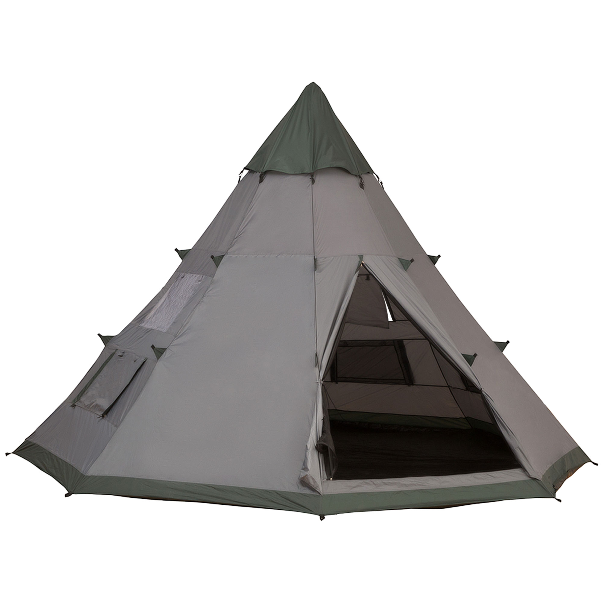 6 Men Tipi Tent, Camping Teepee Family Tent w/ Mesh Windows Zipped Door Carry Bag, Easy Set Up for Hiking Picnics Outdoor Night, Green, Grey - Life 