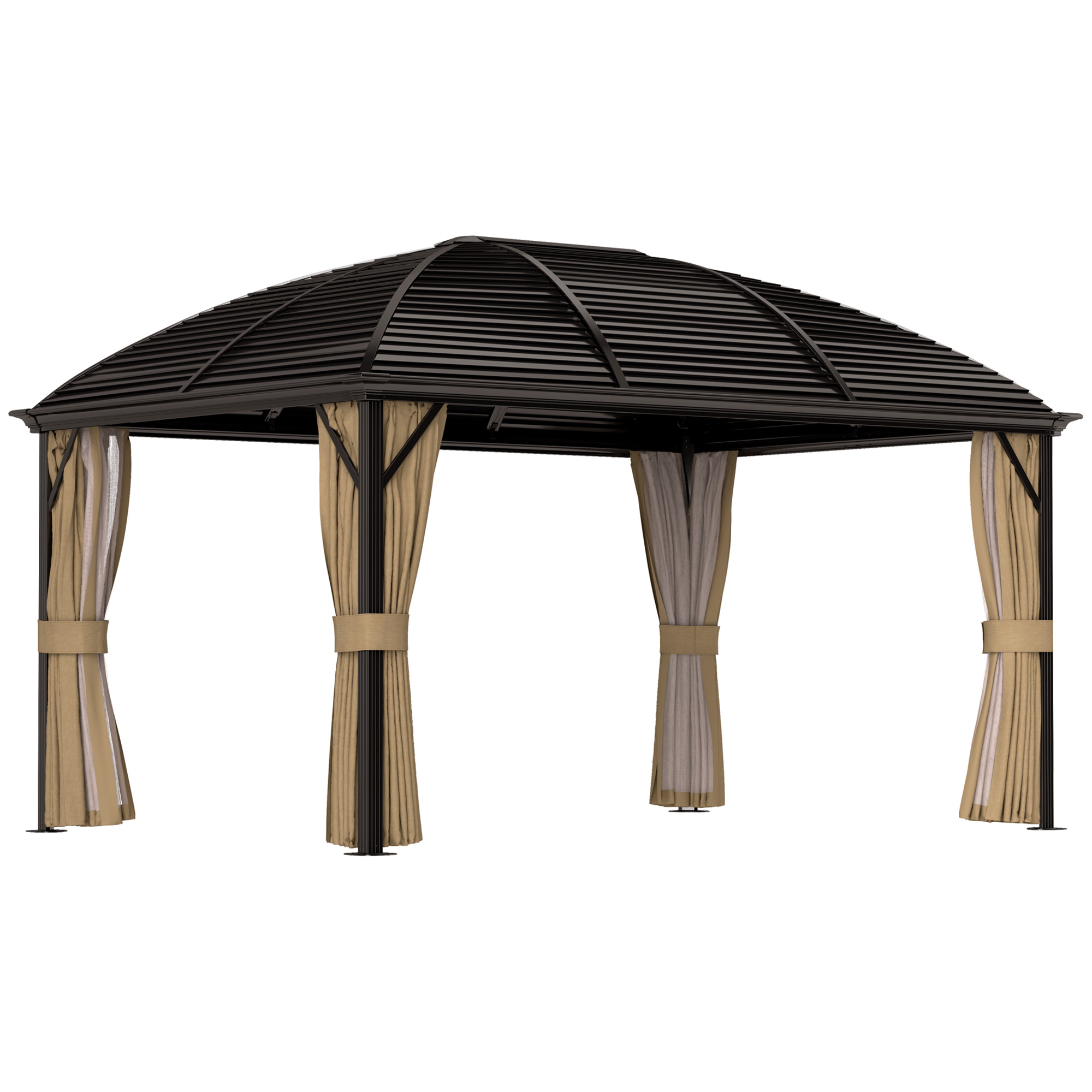 SUNVISTA 3 x 4m Hardtop Gazebo Canopy with Metal Roof, Aluminium Gazebo Permanent Pavilion with Netting and Curtains, Brown - Life Essentials