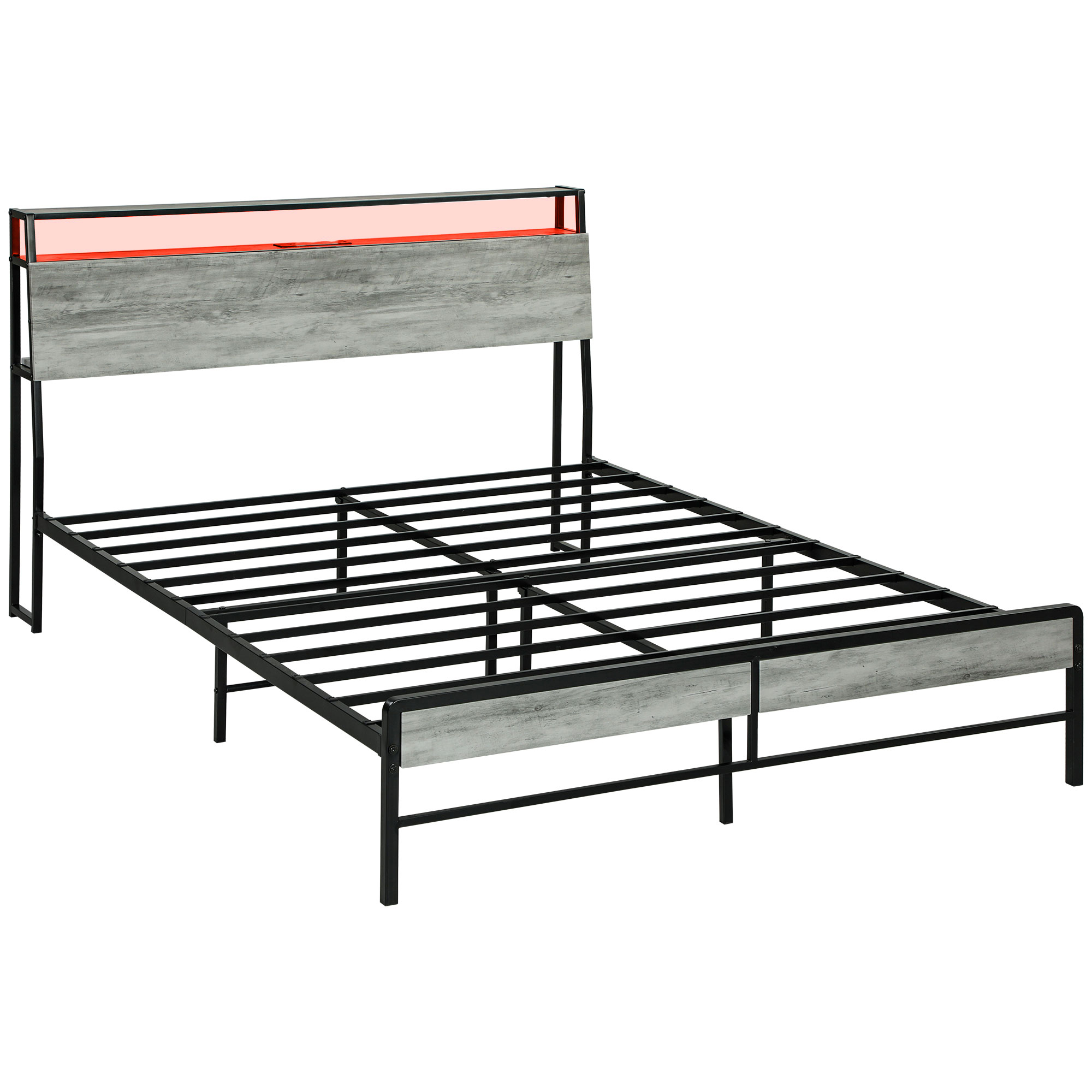 HERON Double Steel Bed Frame, with LED Lights and Headboard Shelf - Grey - Life Essentials