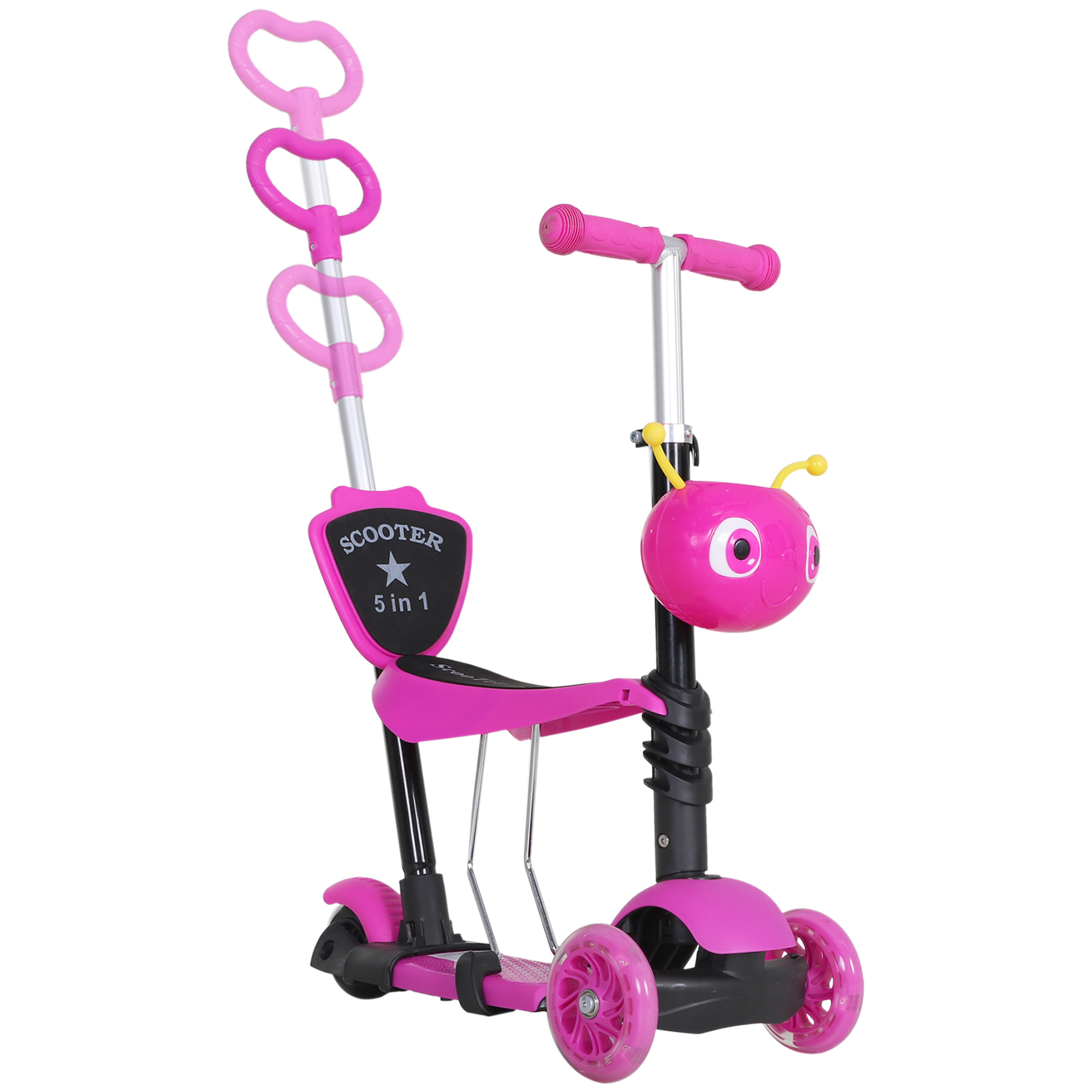 5-in-1 Kids Toddler 3 Wheels Mini Kick Scooter Push Walker with Removable Seat & Back Rest for Girls and Boys Pink - Life Essentials