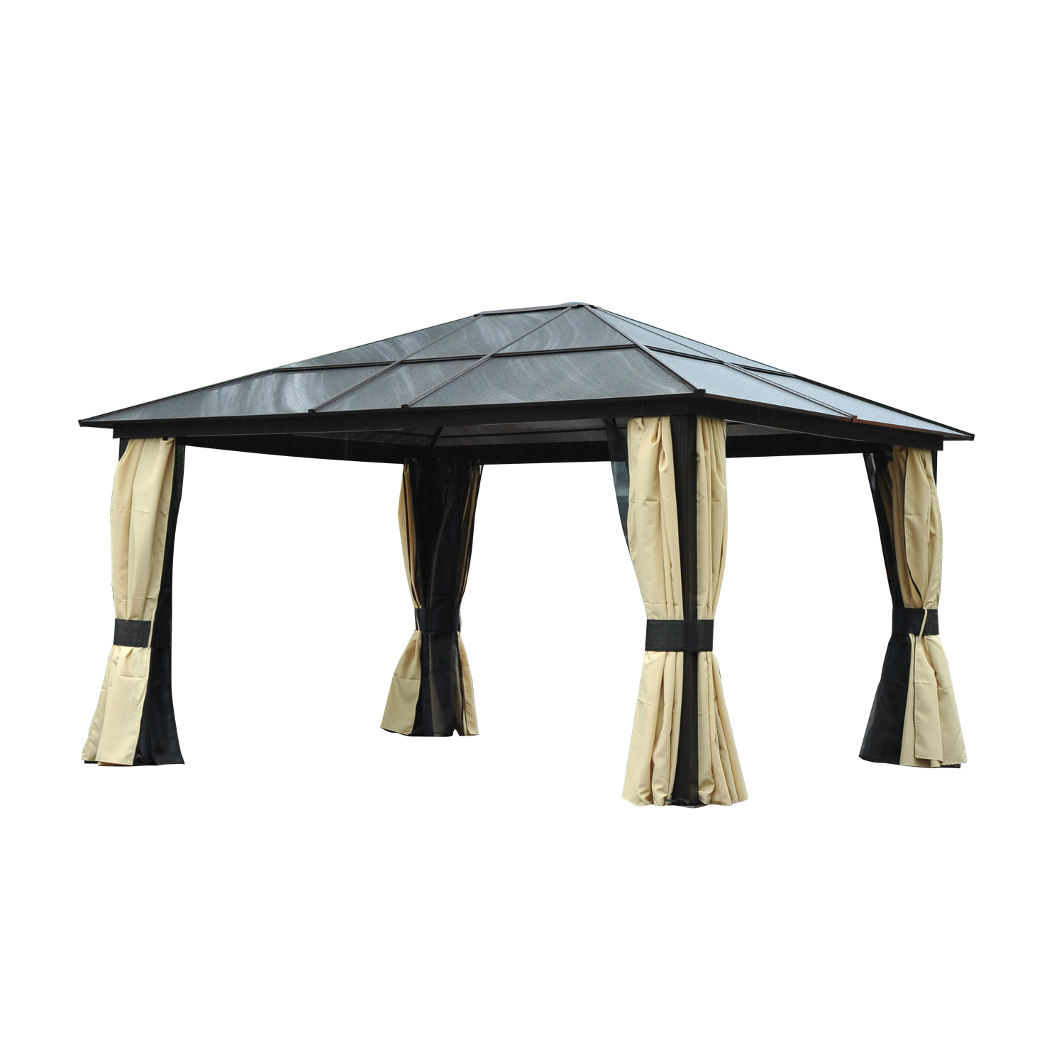 4 x 3.6(m) Hardtop Gazebo Canopy with Polycarbonate Roof and Aluminium Frame, Garden Pavilion with Mosquito Netting and Curtains - Life Essentials