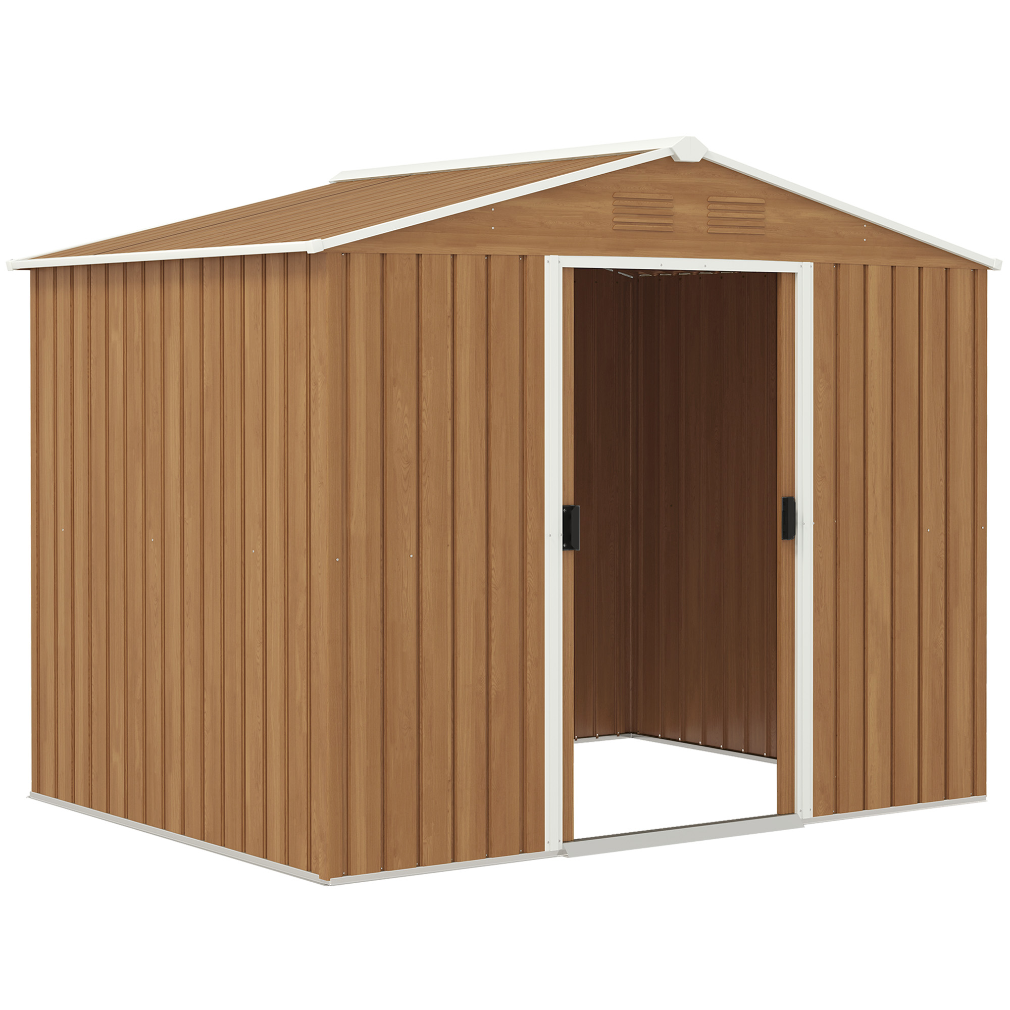 SUNVISTA 8 x 6ft Outdoor Garden Storage Shed, Metal Tool House with Ventilation and Sliding Doors Chocolate Wood Effect - Life Essentials