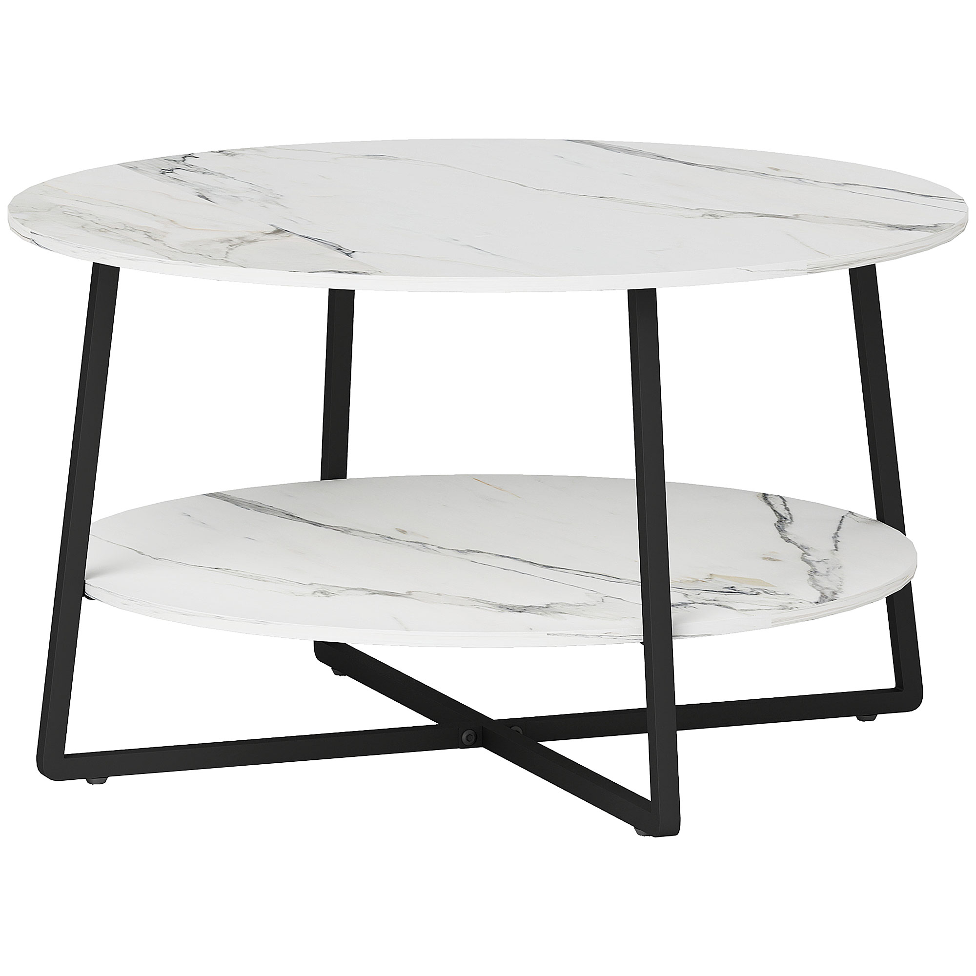HERON 2-Tier Round Coffee Table with Storage Shelf, Living Room Table with Marble Effect Top and Steel Frame, White - Life Essentials