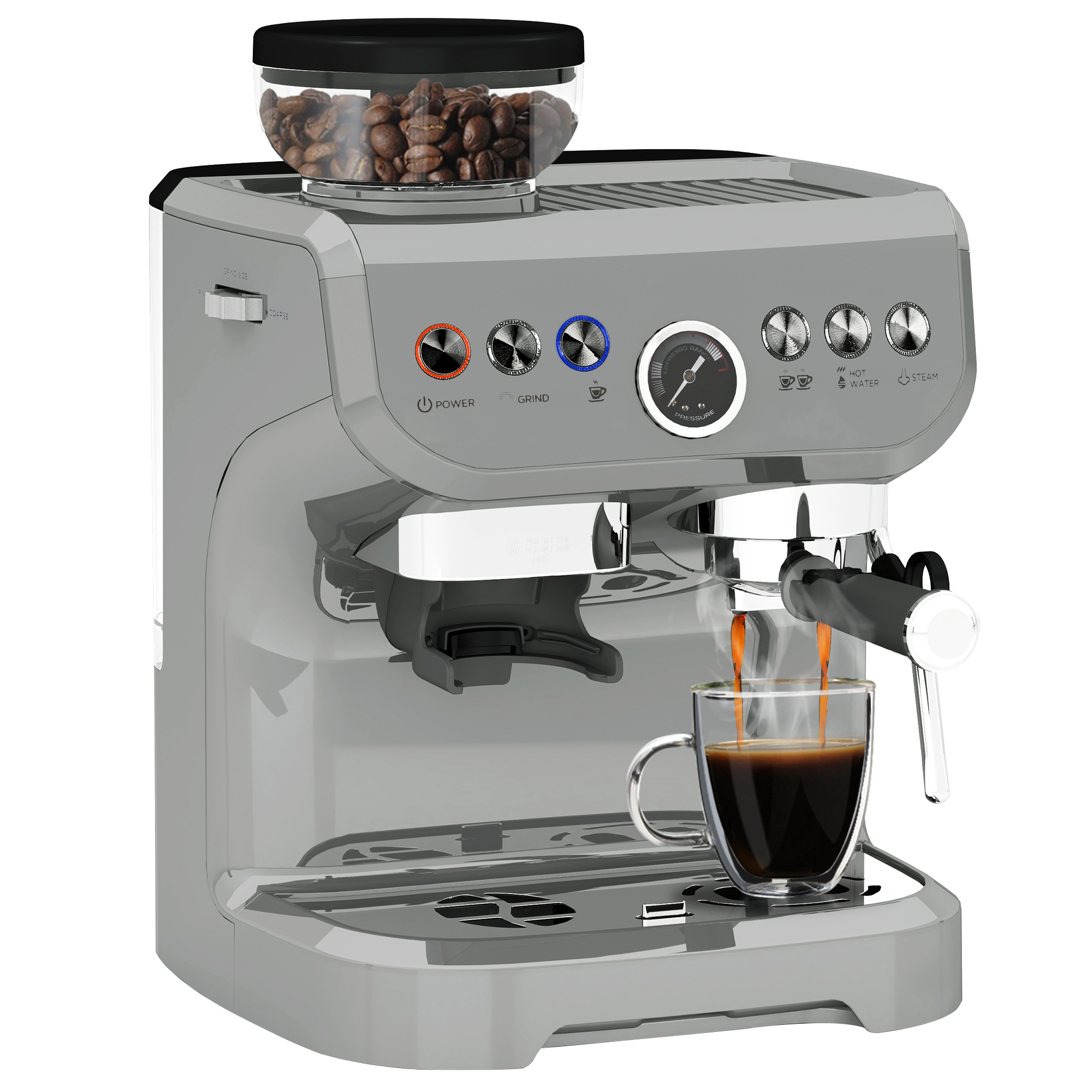 HERON 15 Bar Coffee Machine, with Adjustable Grind, Steamer and Accessories - Silver Colour - Life Essentials