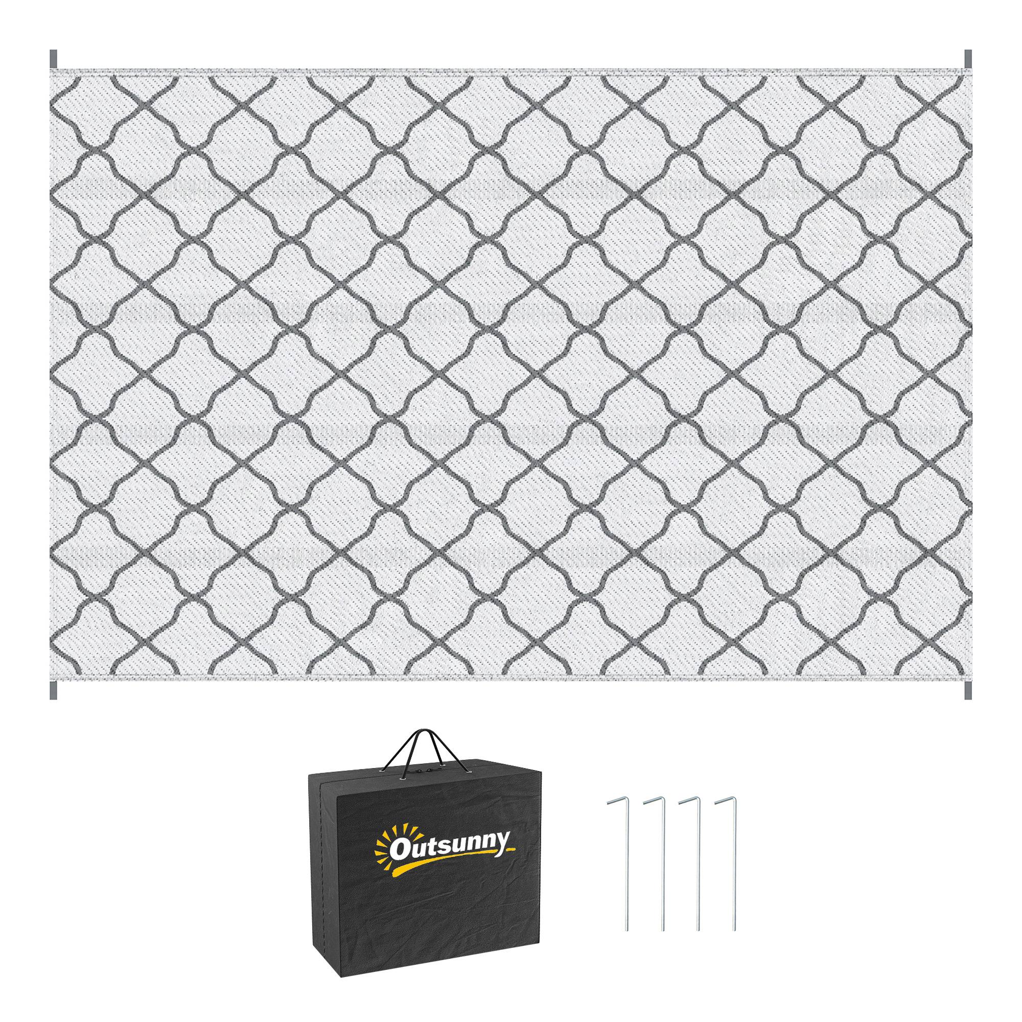 Reversible Outdoor Rug with Carry Bag and Ground Stakes, Waterproof Plastic Straw Mat for Backyard, Deck, RV, Picnic, Camping Grey & White - Life 