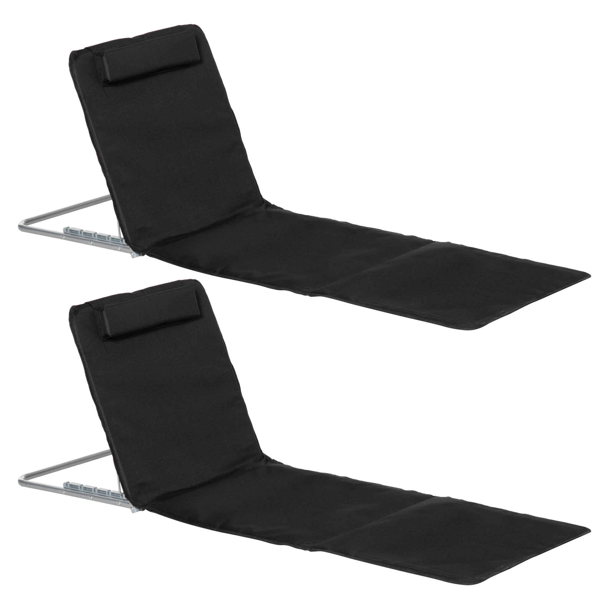 Set of 2 Foldable Garden Beach Chair Mat Lightweight Outdoor Sun Lounger Seats Adjustable Back Metal Frame PE Fabric Head Pillow, Black - Life 