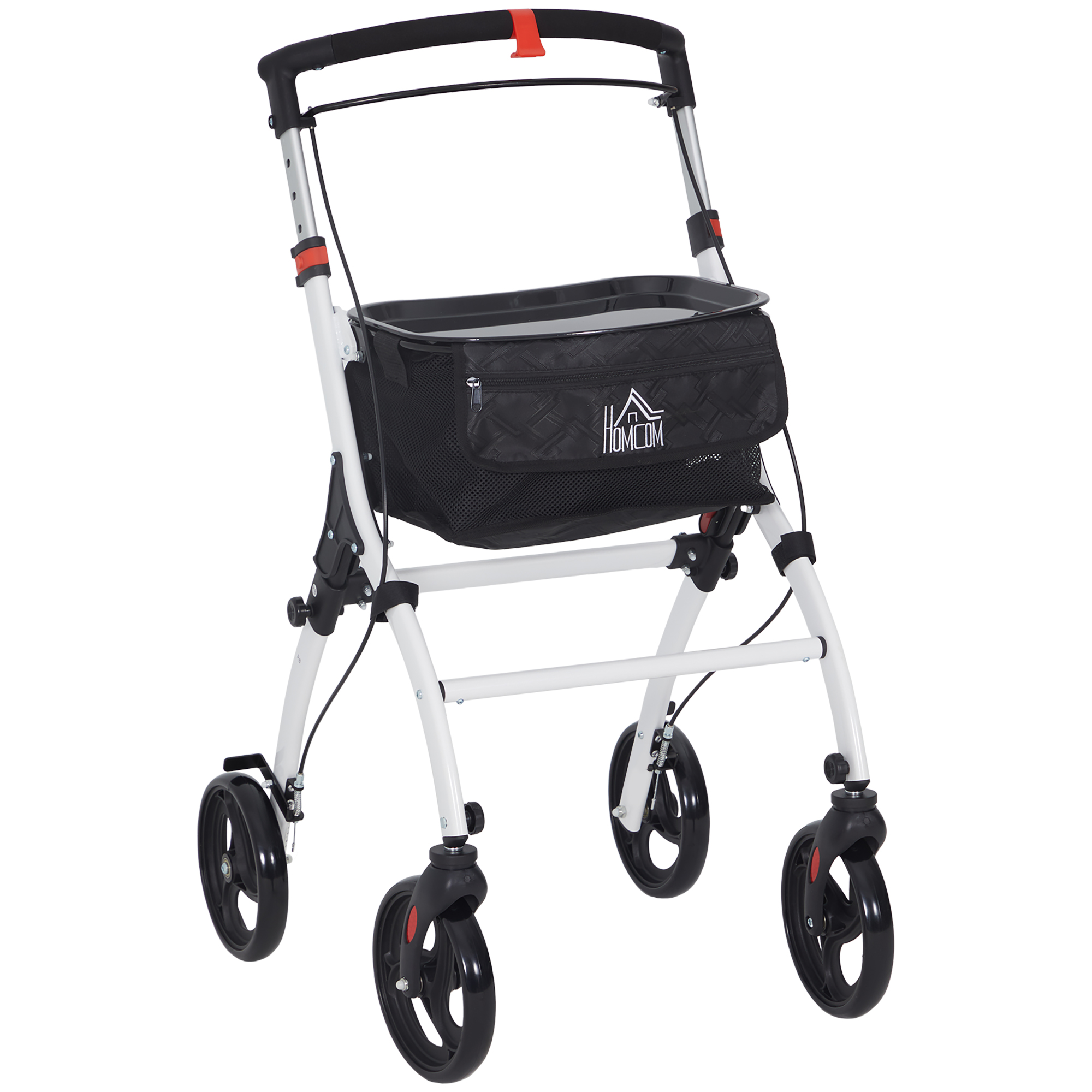 HERON Folding Upright Rollator Walker with Lightweight Walking Frame, Storage Bag, Tray, Dual Brakes, White - Life Essentials