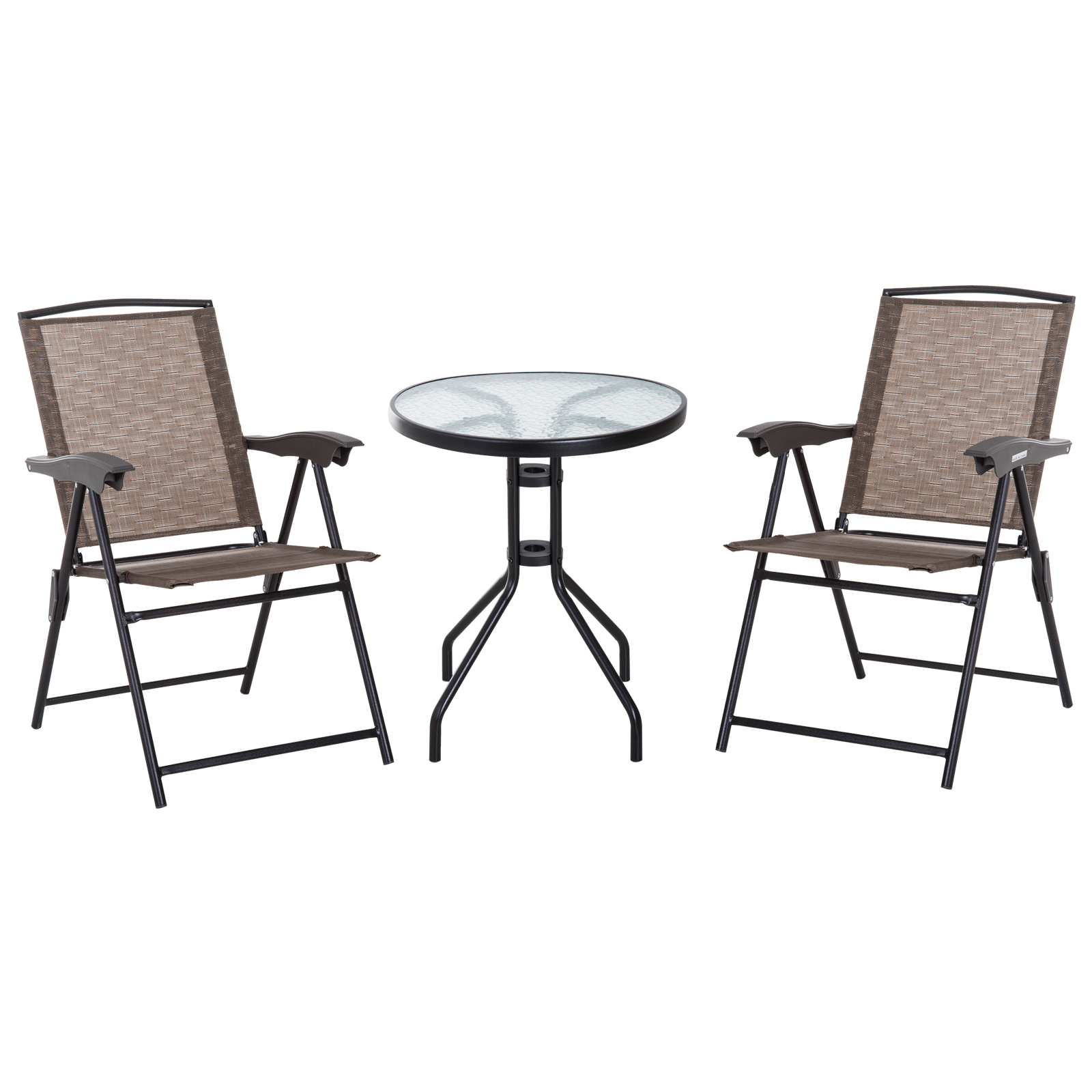 3 Piece Patio Furniture Garden Bistro Set Outdoor 2 Folding Chairs 1 Tempered Glass Table Adjustable Backrest Metal - Brown - Life Essentials