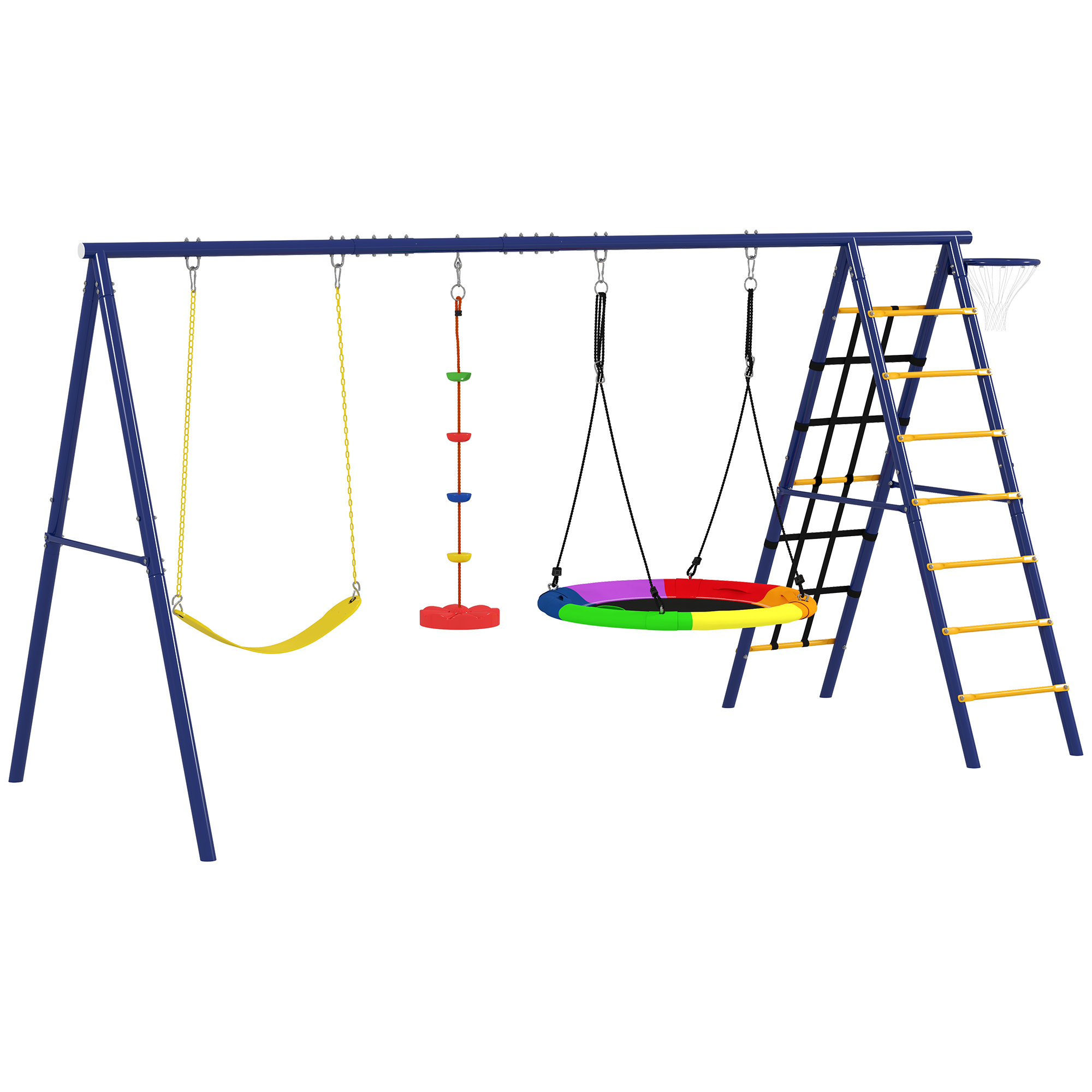 AIVAGO 6 in 1 Metal Kids Swing Set with 3 Swings, Climbing Ladder & Net, Basketball Hoop, for Ages 3-8 - Life Essentials