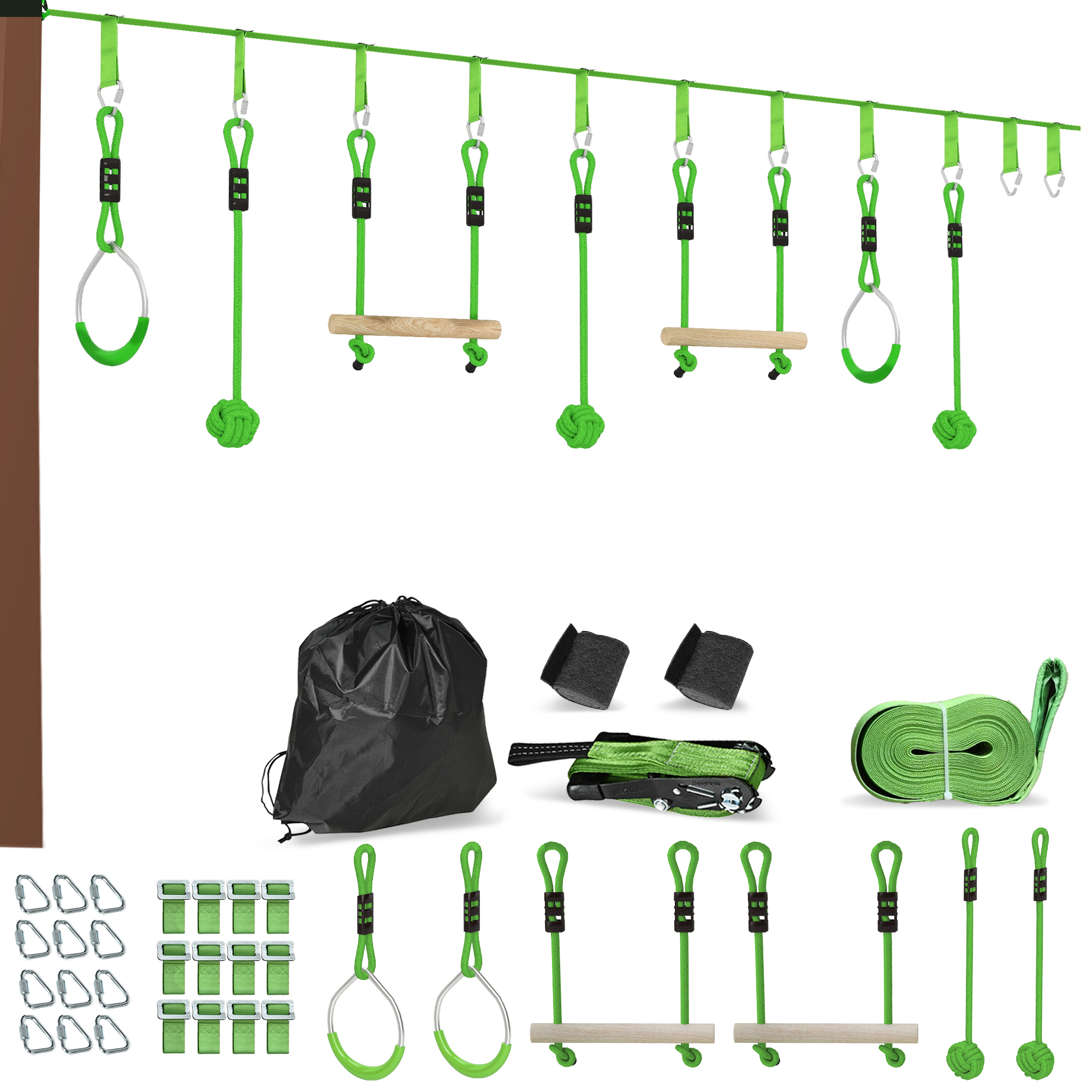 AIVAGO 3 Piece Kids Zip Line Kit for Garden, 10m Kids Slackline Kit with Wooden Monkey Bars, Metal Rings, Gripping Balls, Green - Life Essentials