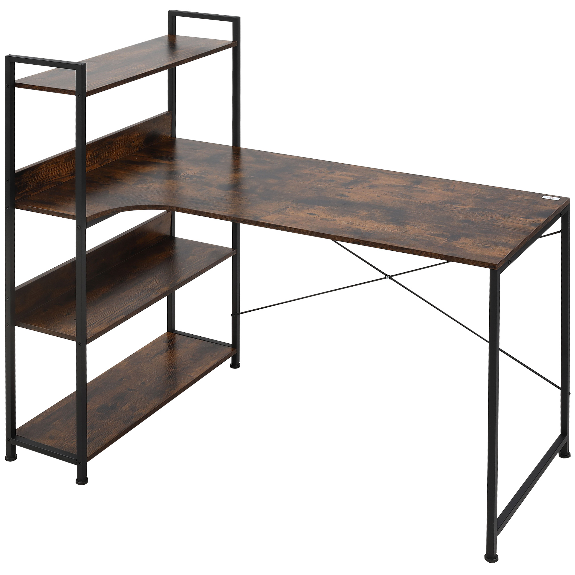 Retro Industrial Computer Desk Home Office Table with 4-Tier Storage Shelf Metal Frame Computer Workstation for Home Office, Brown - Life Essentials