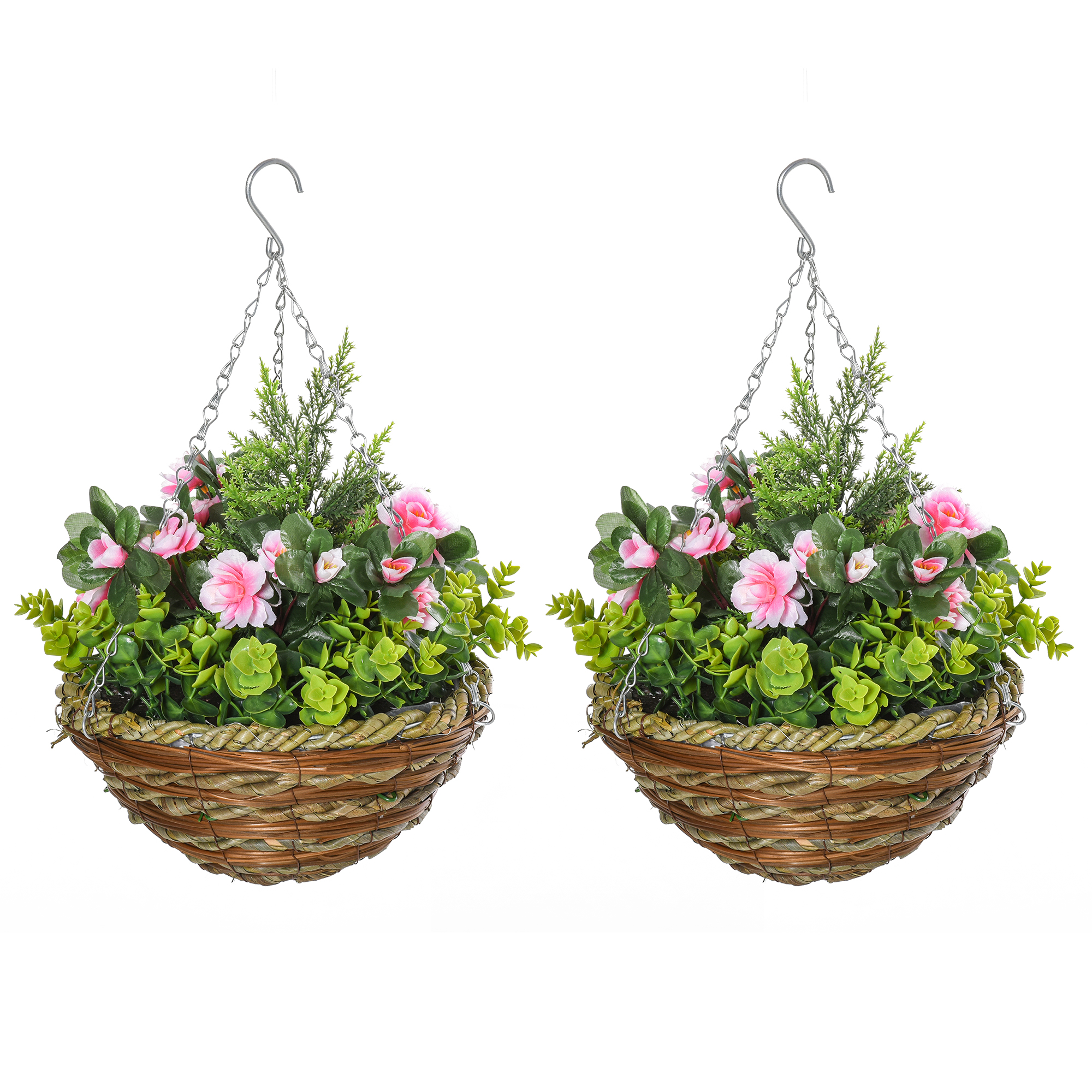 Pack of 2 Artificial Lisianthus Flowers Hanging Planter with Basket for Indoor Outdoor Decoration - Life Essentials