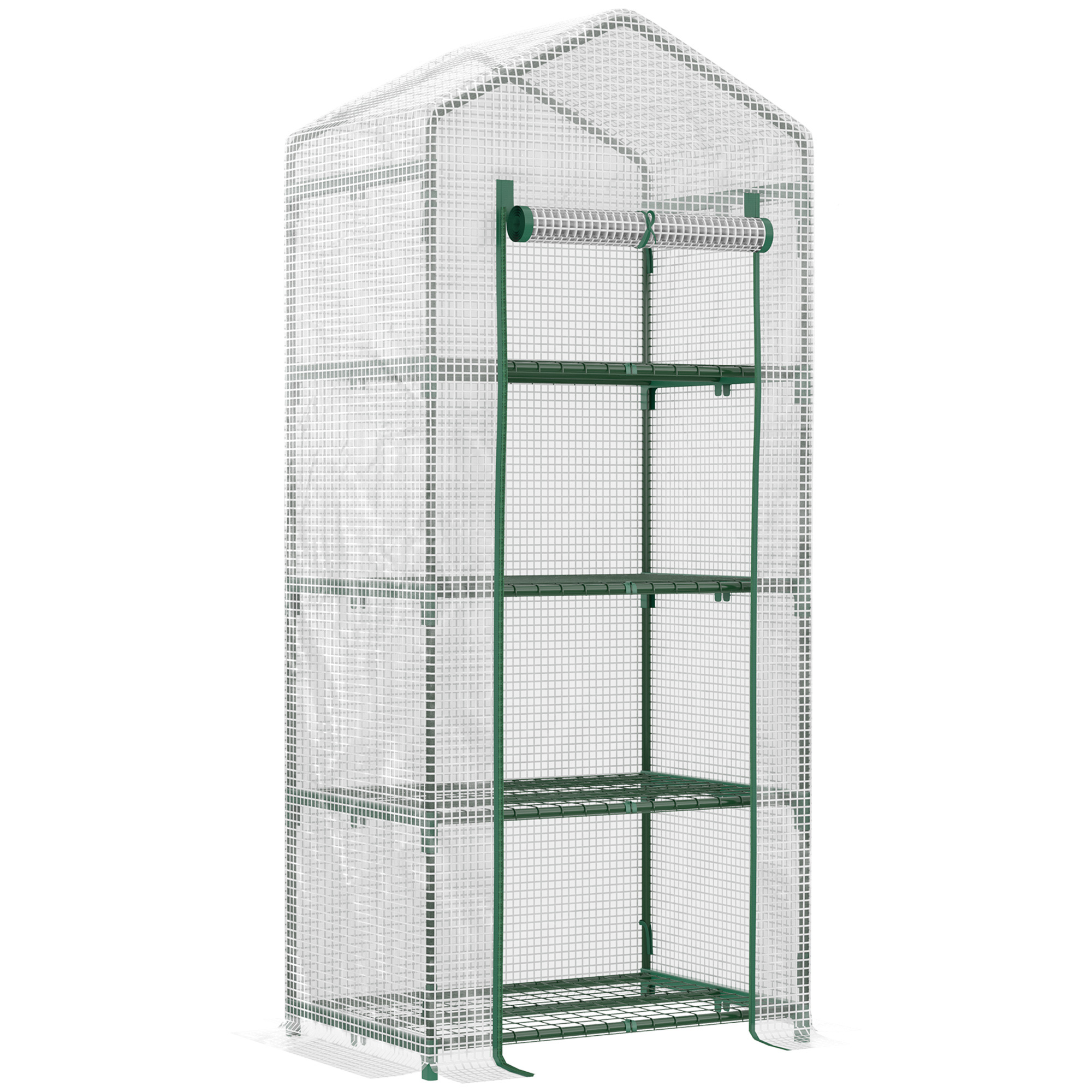4 Tier Mini Greenhouse, Portable Green House with Steel Frame, PE Cover, Roll-up Door, 70 x 50 x 160 cm, White - Life Essentials