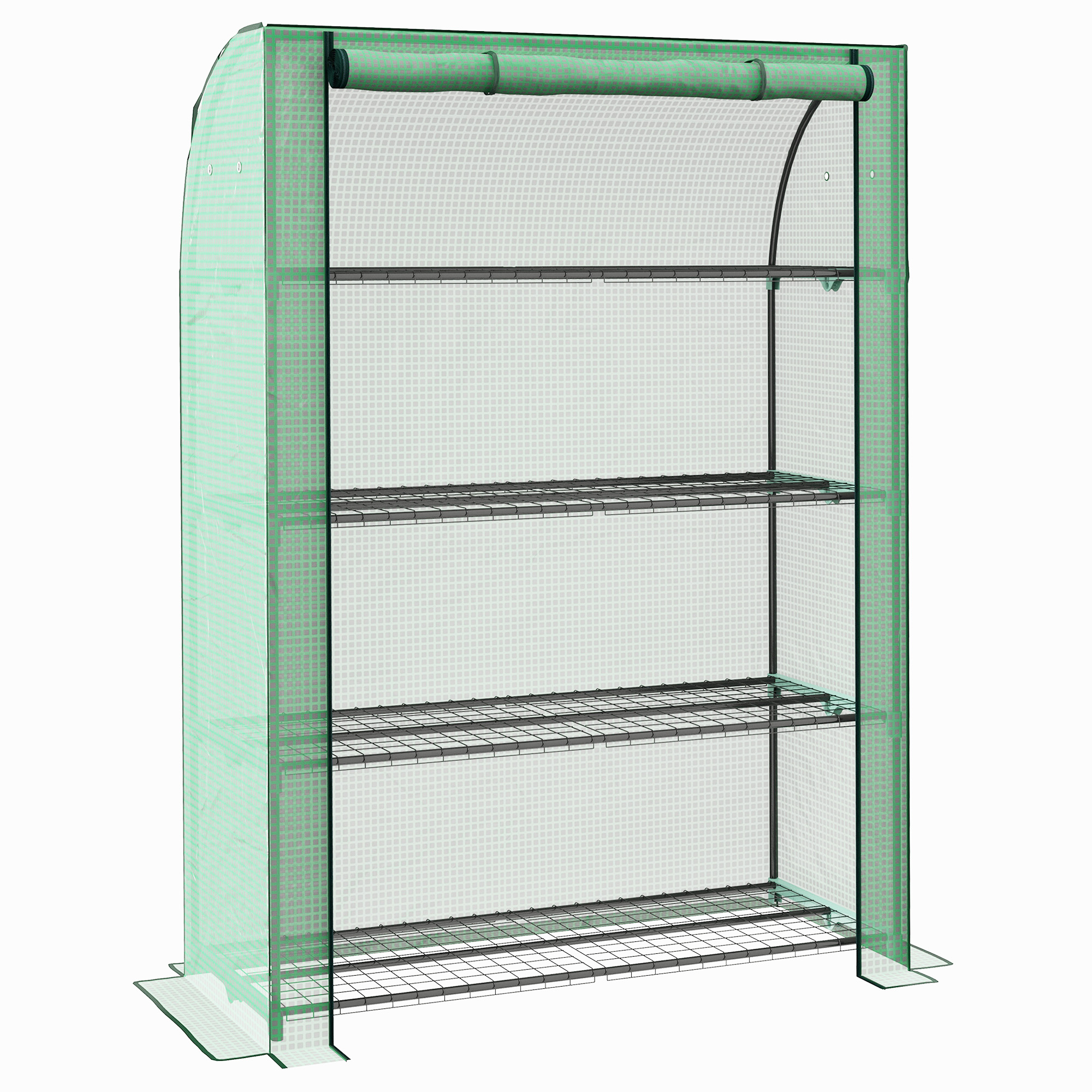 4 Tier Mini Greenhouse with Reinforced PE Cover, Portable Green House w/ Roll-up Door and Wire Shelves, 170H x 120W x 50Dcm, Green - Life Essentials