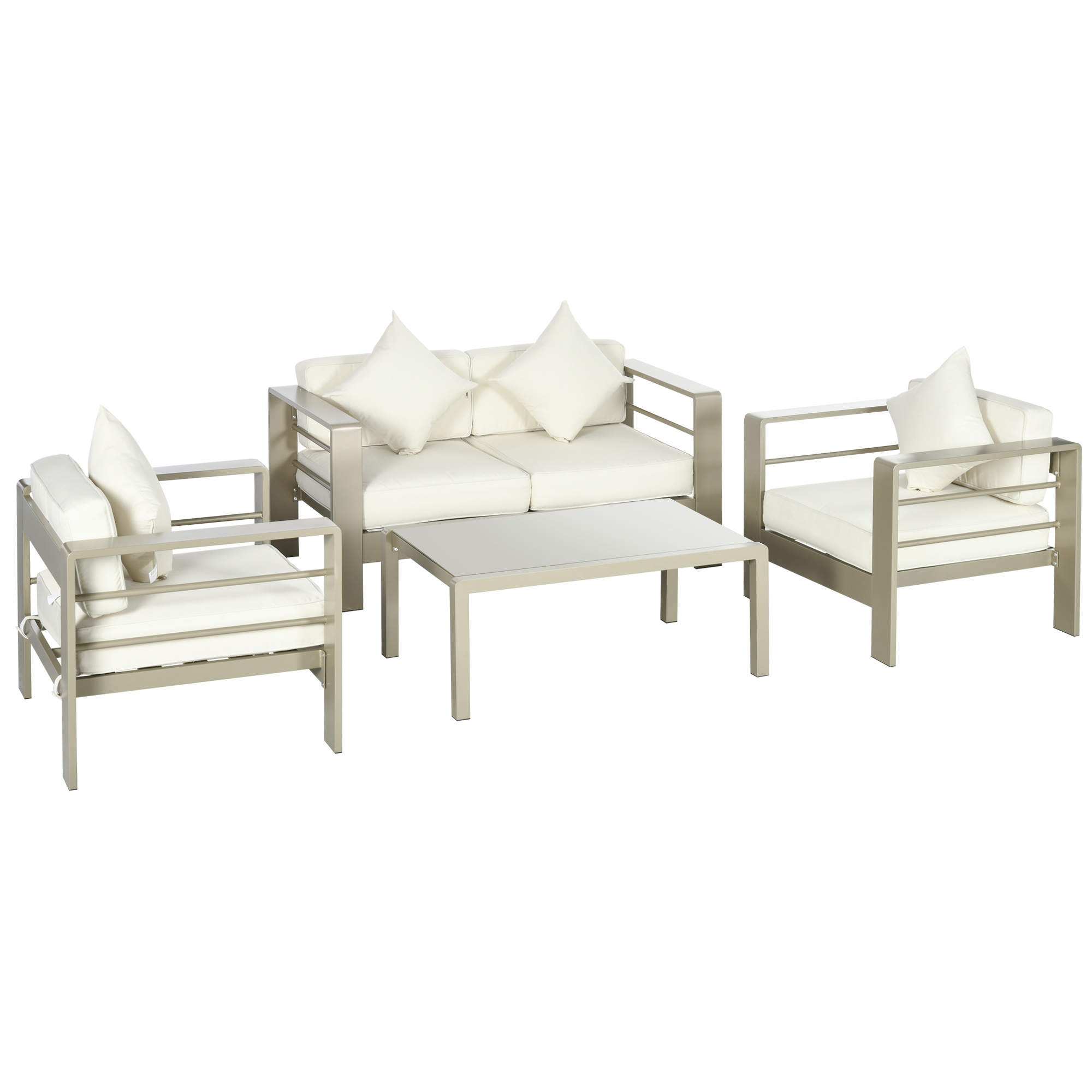 4 Pieces Outdoor Garden Furniture Set, Aluminium Frame Backyard Furniture w/ Thick Padded Cushioned Loveseat Glass Top Table Champagne Gold - Life 