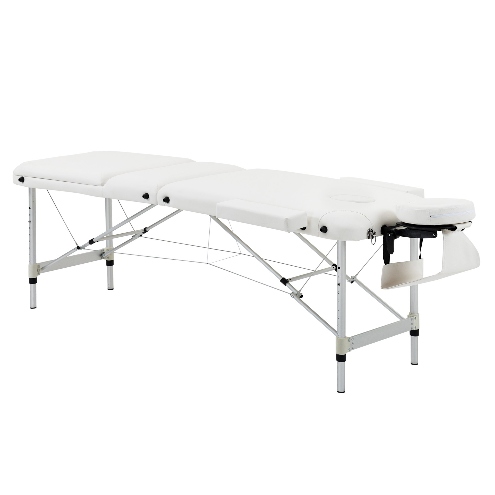 Folding PVC Leather Massage Table Aluminium Frame w/ Headrest Armrests Padding Handle Carry Bag Adjustable Height 3-Way Tri-Fold White - Life 