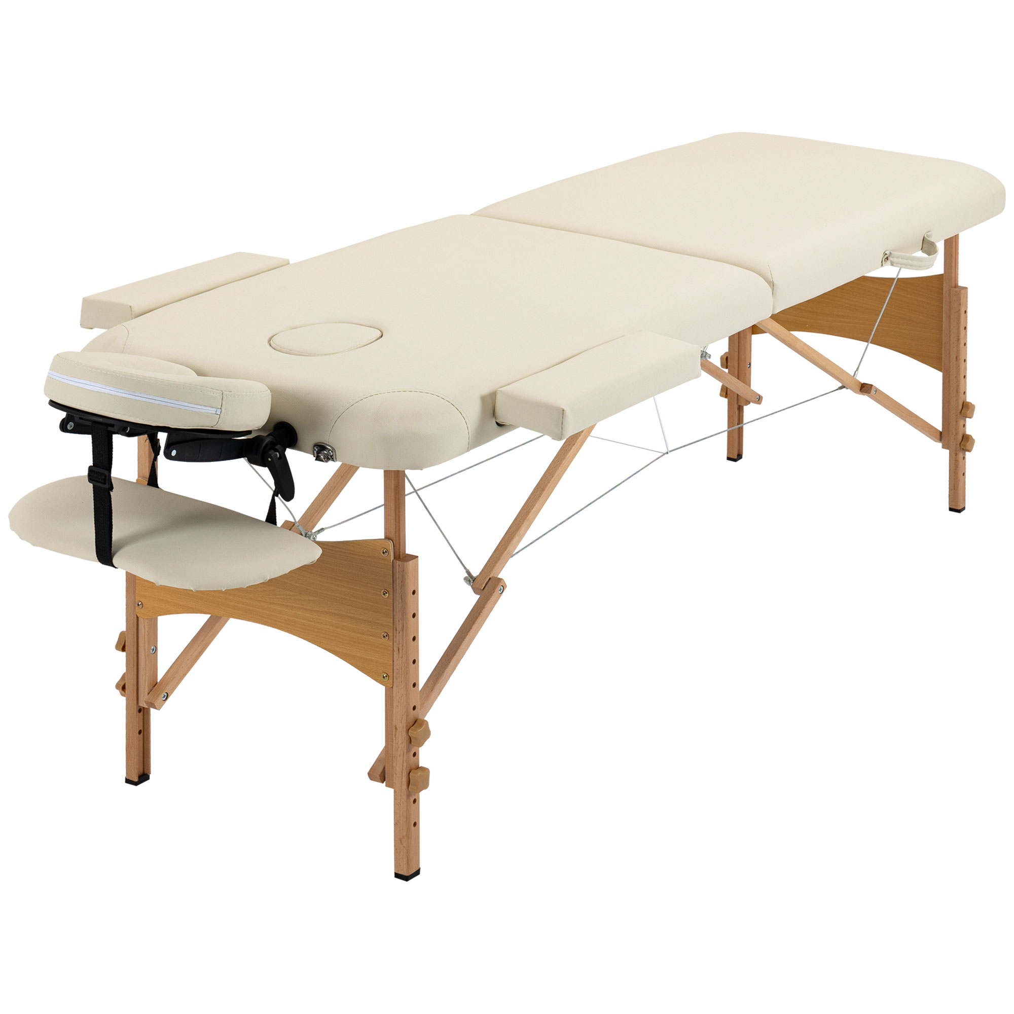 Portable Massage Bed, Folding Spa Beauty Massage Table with 2 Sections, Carry Bag and Wooden Frame, Cream - Life Essentials