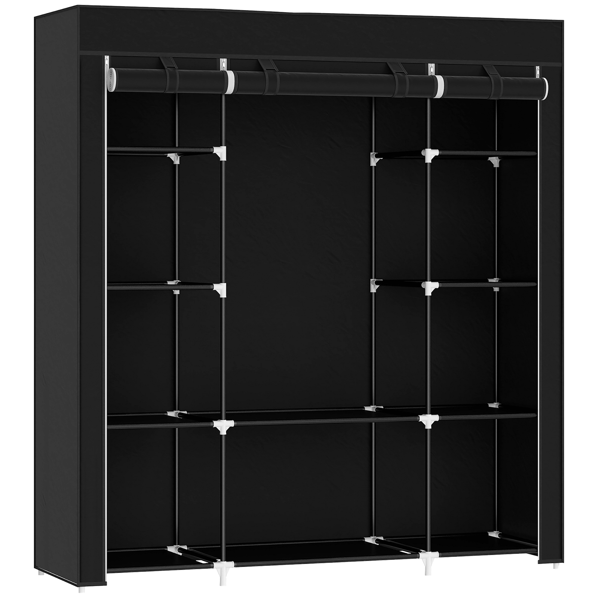 Fabric Wardrobe Portable Wardrobe with 10 Shelves 1 Hanging Rail Foldable Closets - Black - Life Essentials