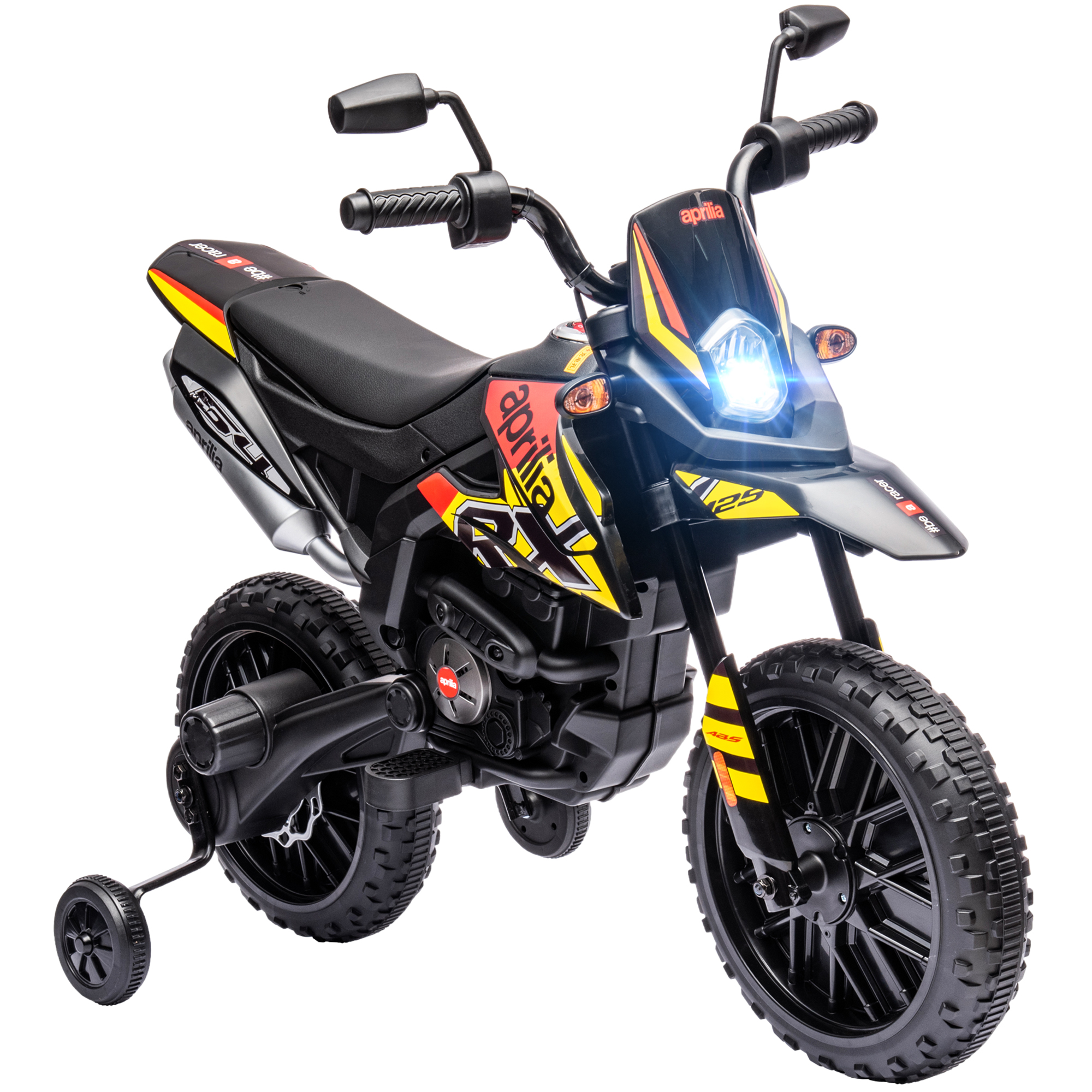 AIVAGO 12V Aprilia Licenced Kids Motorbike with Training Wheels, Spring Suspension, LED Light, USB, Music, Yellow - Life Essentials