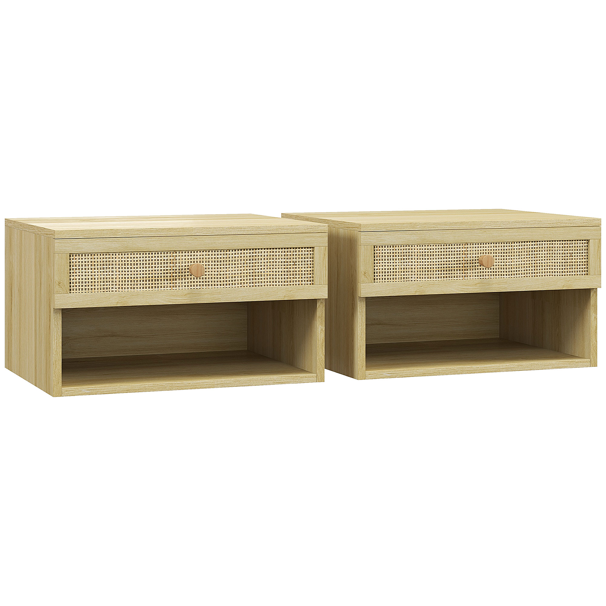 Scott Set of Two Rattan Panel Floating Bedside Tables - Wood-Effect - Life Essentials