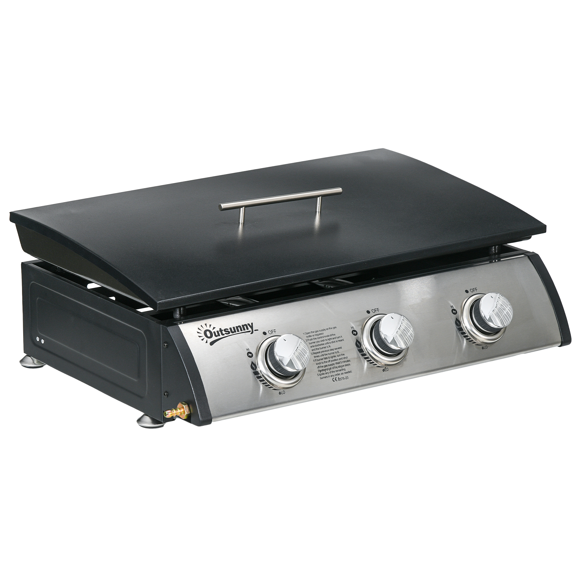 3 Burner Gas Plancha BBQ Grill with Lid, Black - Life Essentials