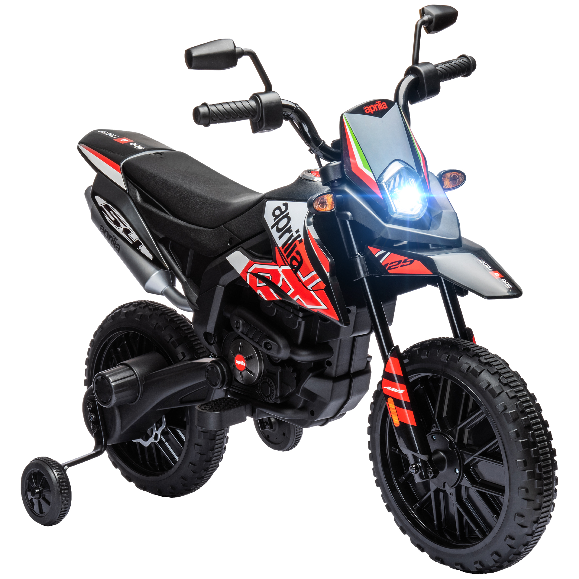 AIVAGO 12V Aprilia Licenced Kids Motorbike with Training Wheels, Spring Suspension, LED Light, USB, Music, Red - Life Essentials
