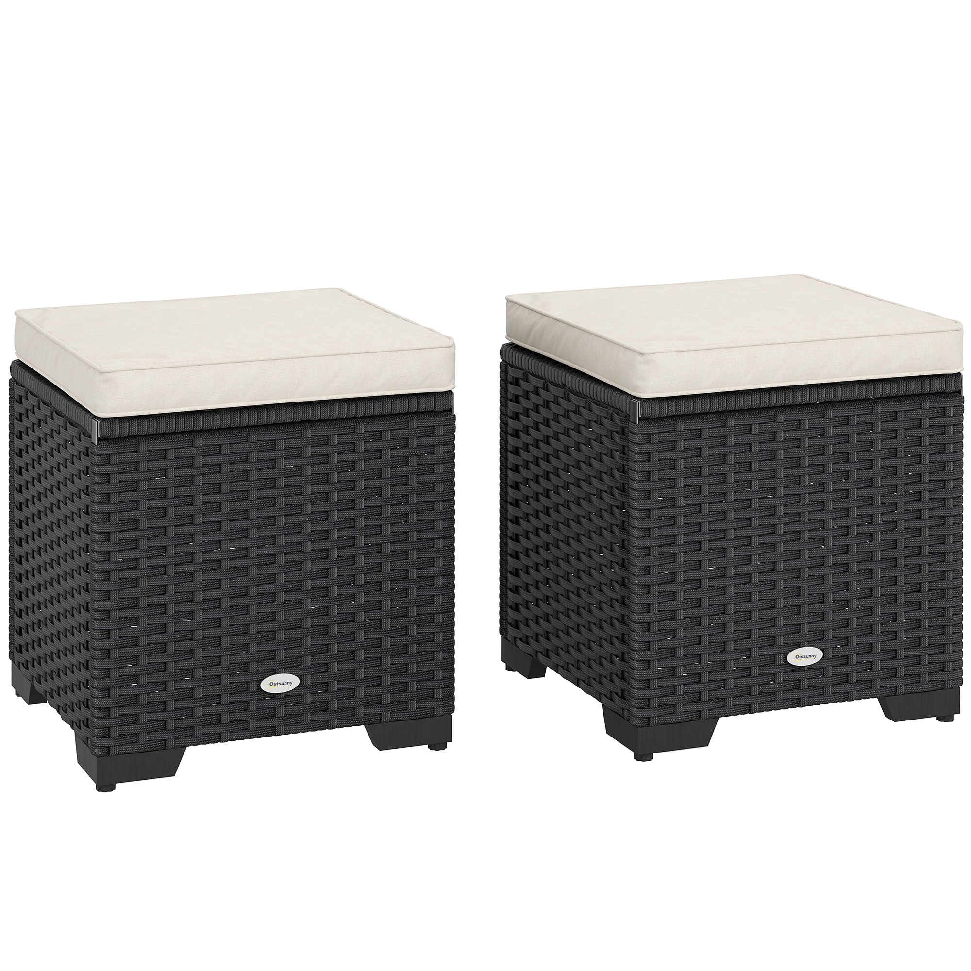 SUNVISTA Set of 2 Rattan Storage Ottoman, Outdoor Footstool with Removable Cushions, Garden Storage Seat for Balcony, Poolside, Living Room, Cream - 