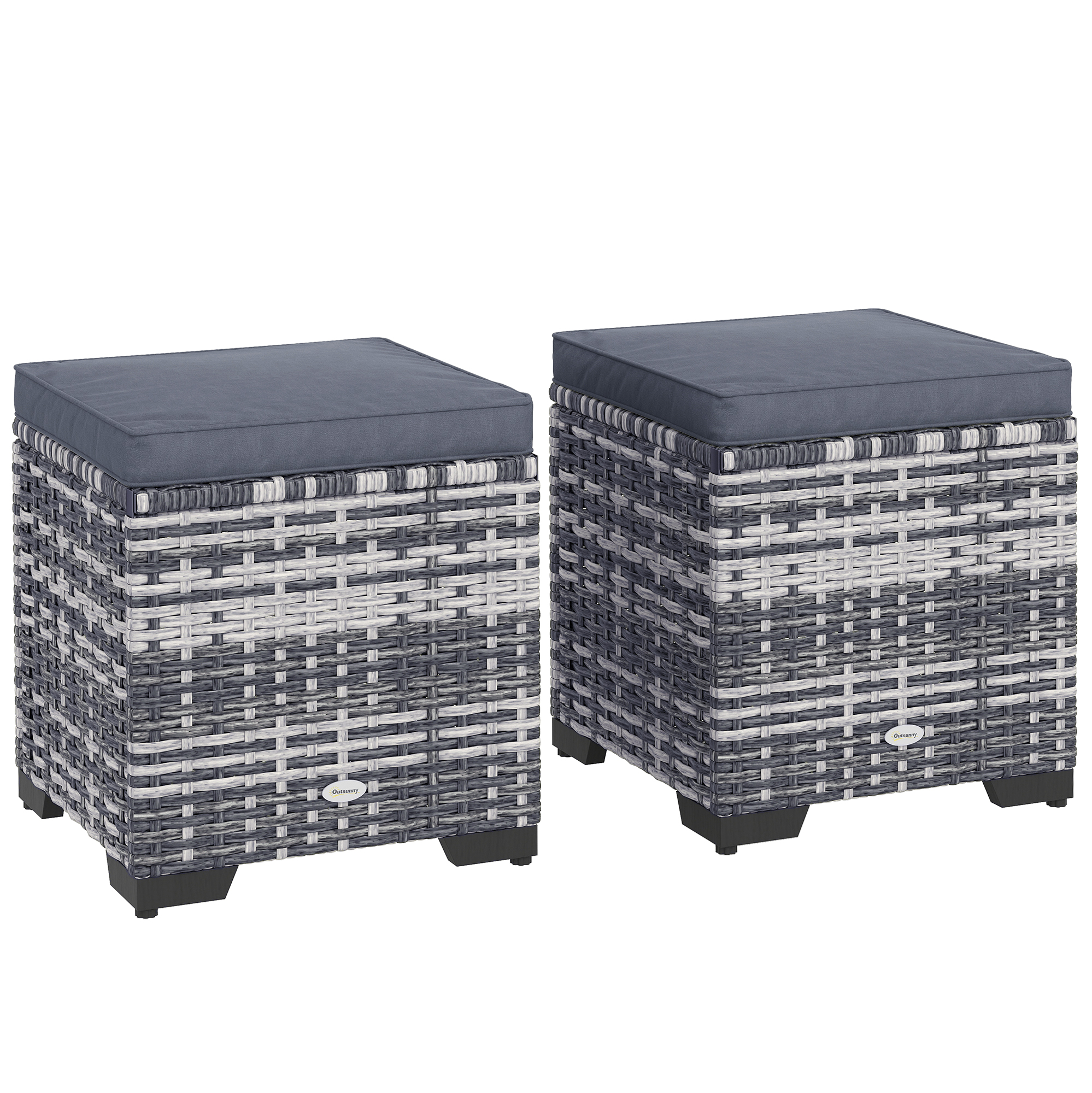SUNVISTA Set of 2 Rattan Ottomans with Cushions, Outdoor Garden Storage Seats, Dark Grey - Life Essentials