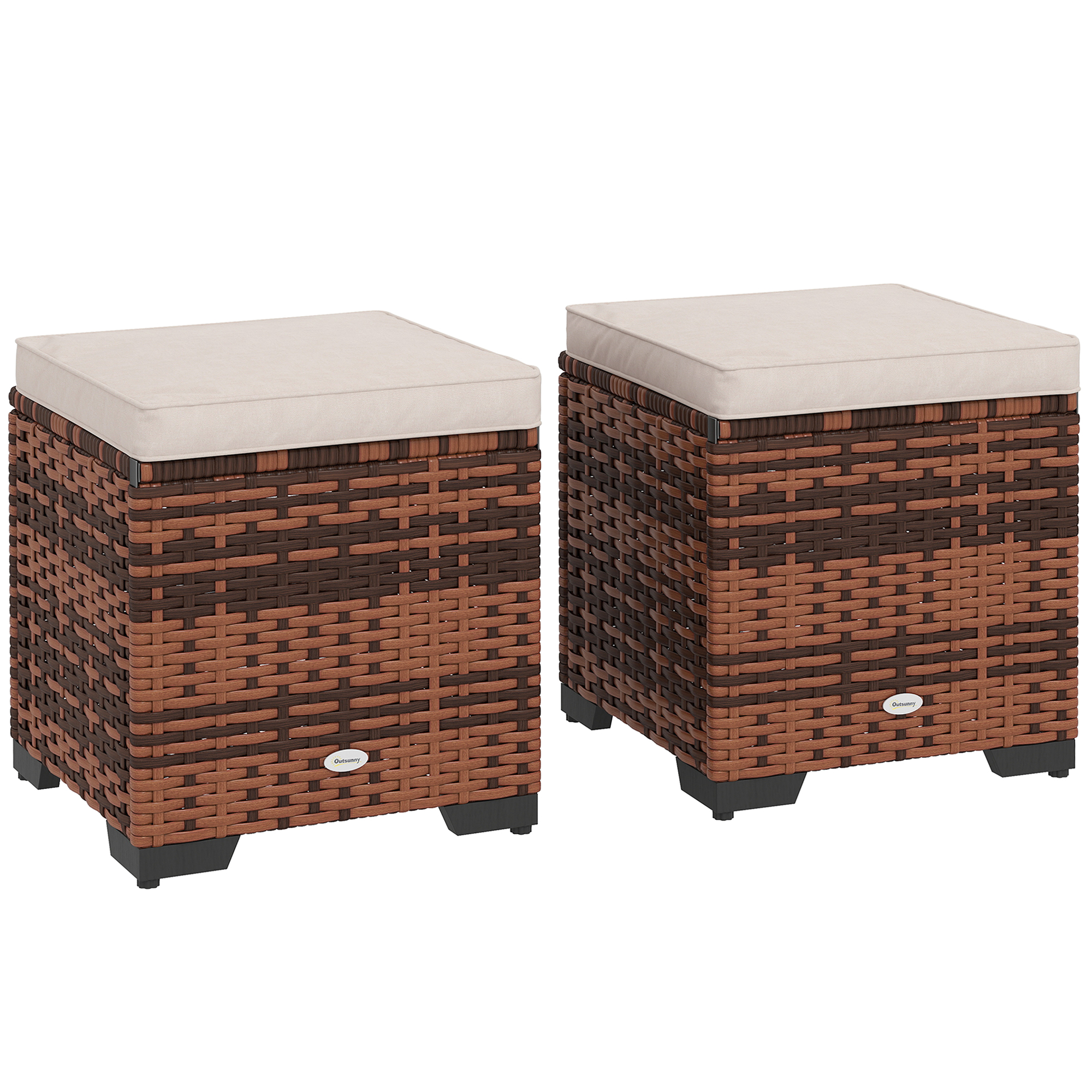SUNVISTA Set of 2 Rattan Storage Ottoman, Outdoor Footstool with Removable Cushions, Garden Storage Seat for Balcony, Poolside, Living Room, Beige - 