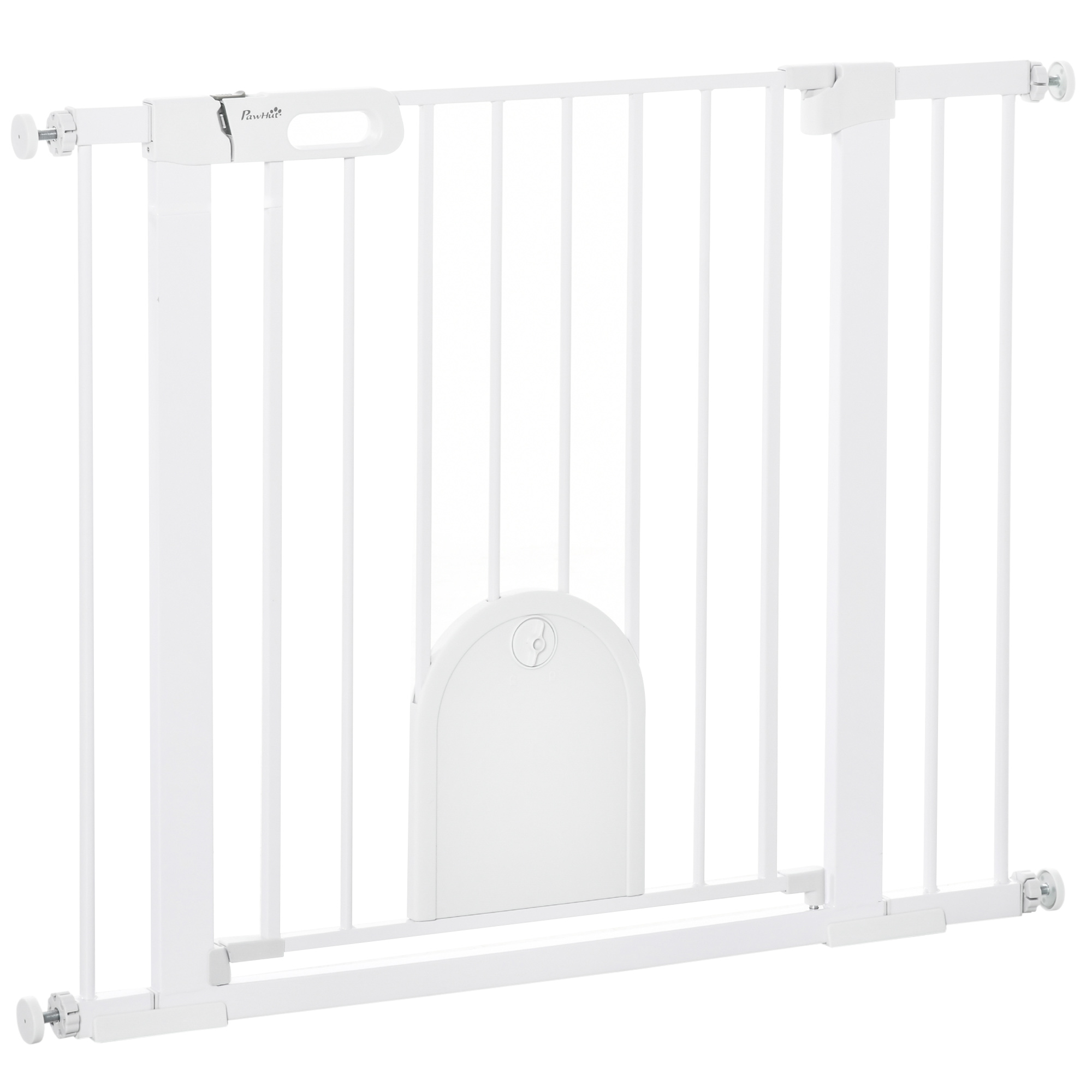 Dog Gate with Cat Flap Pet Safety Gate Barrier, Stair Pressure Fit, Auto Close, Double Locking, for Doorways, Hallways, 75-103 cm White - Life 