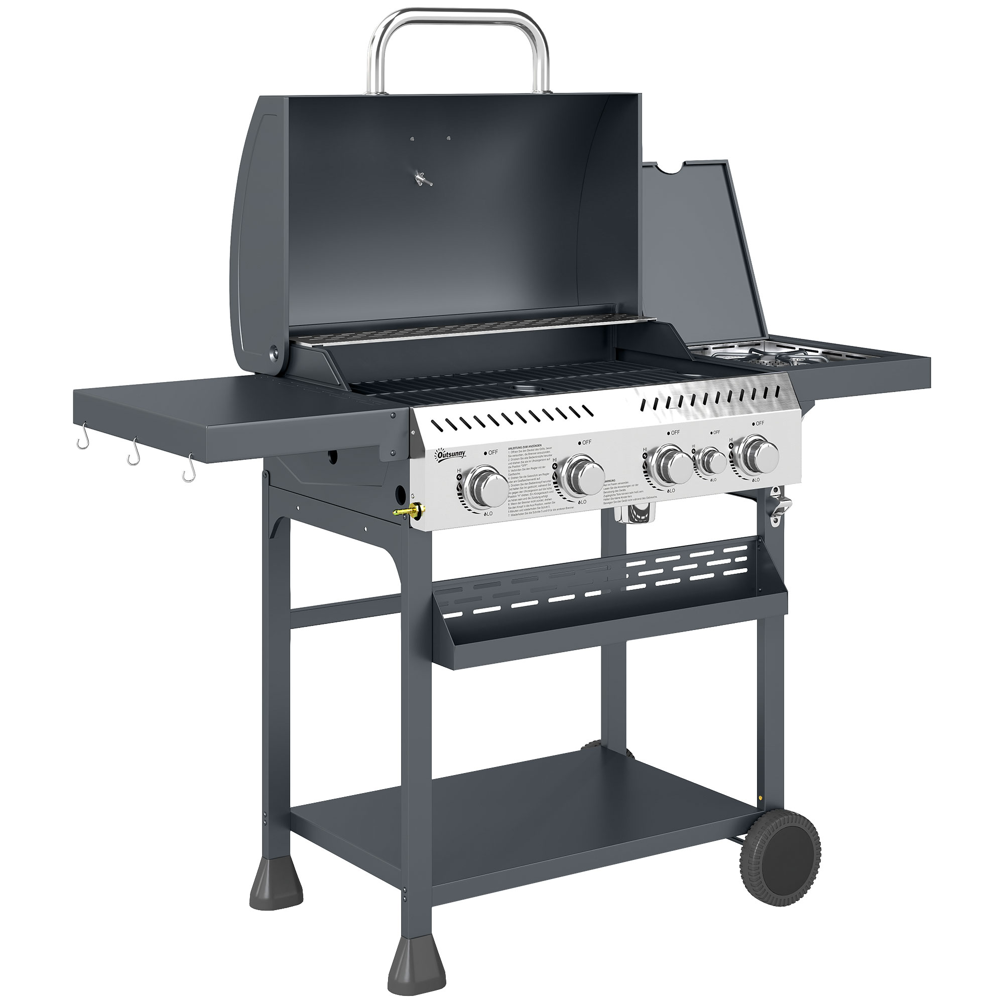 Galvanised Steel 4+1 Gas Burner BBQ Grill Trolley, Black - Life Essentials