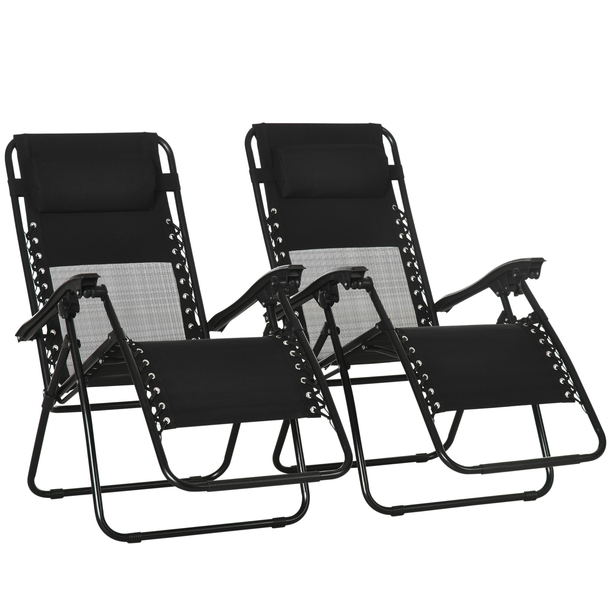 Garden Recliner Chairs Set of 2, Outdoor Foldable Zero Gravity Chairs Set w/ Footstool and Detachable Headrest, Black - Life Essentials