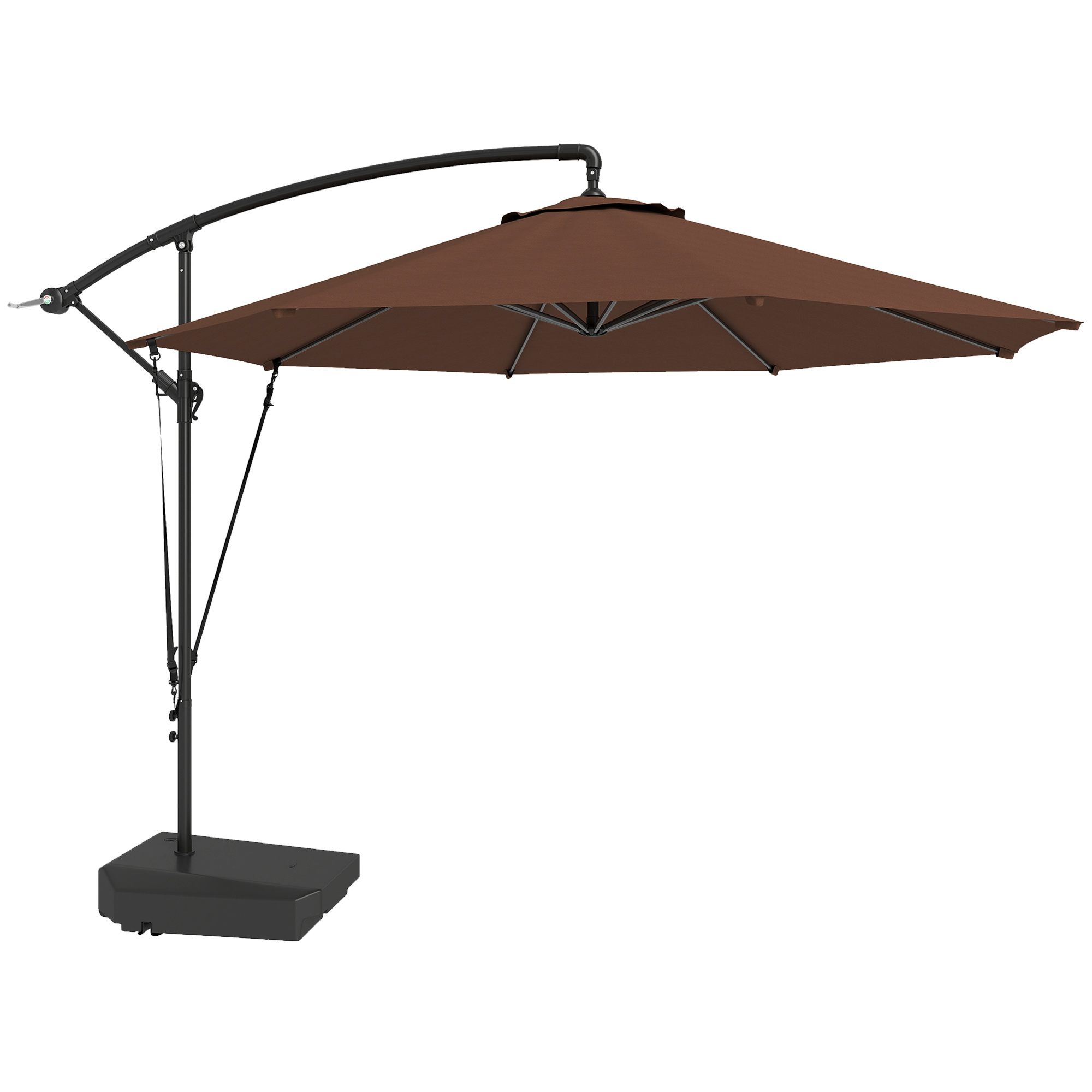 SUNVISTA 3m Cantilever Parasol with Fillable Base, Tilt Crank Handle, Wind Strap & Cover, Hanging Patio Umbrella, Brown - Life Essentials