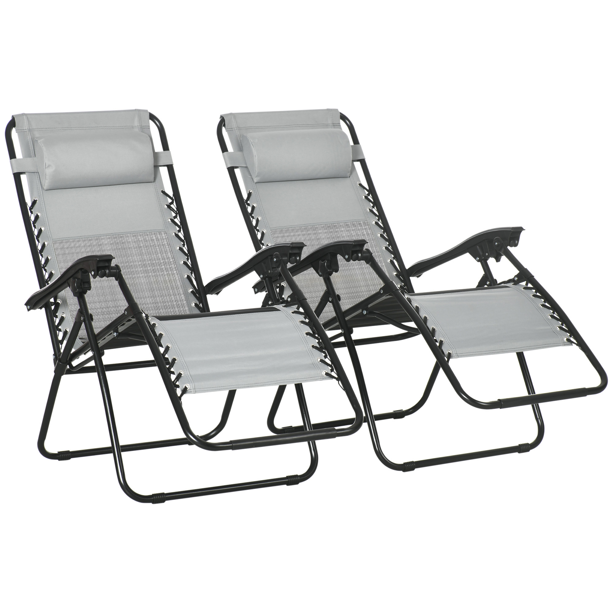 Garden Recliner Chairs Set of 2, Outdoor Foldable Zero Gravity Chairs Set w/ Footstool and Detachable Headrest, Grey - Life Essentials