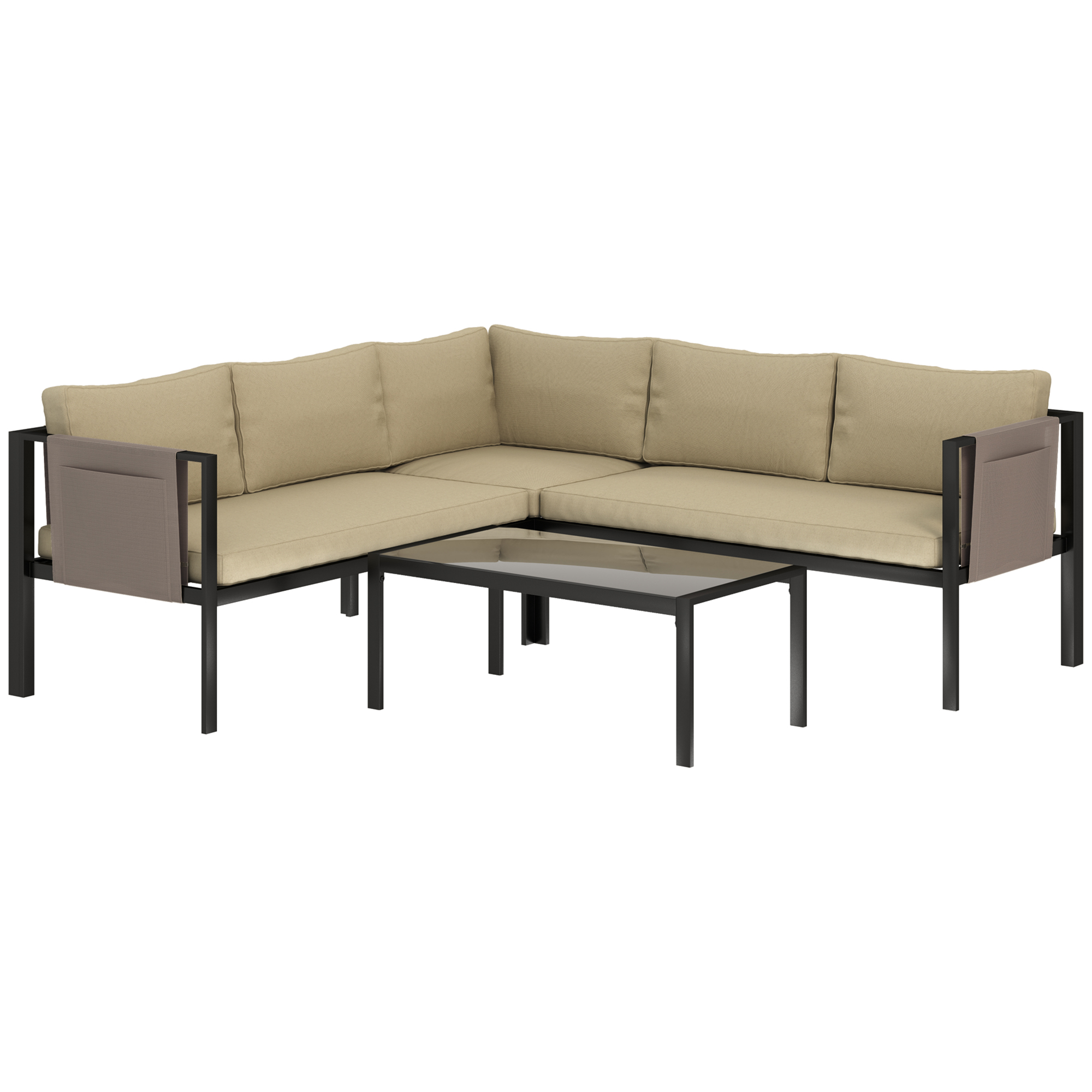 SUNVISTA 5-Seater Garden Corner Sofa Set, Metal Frame, Cushions & Glass Table, Outdoor Patio Set, Khaki - Life Essentials