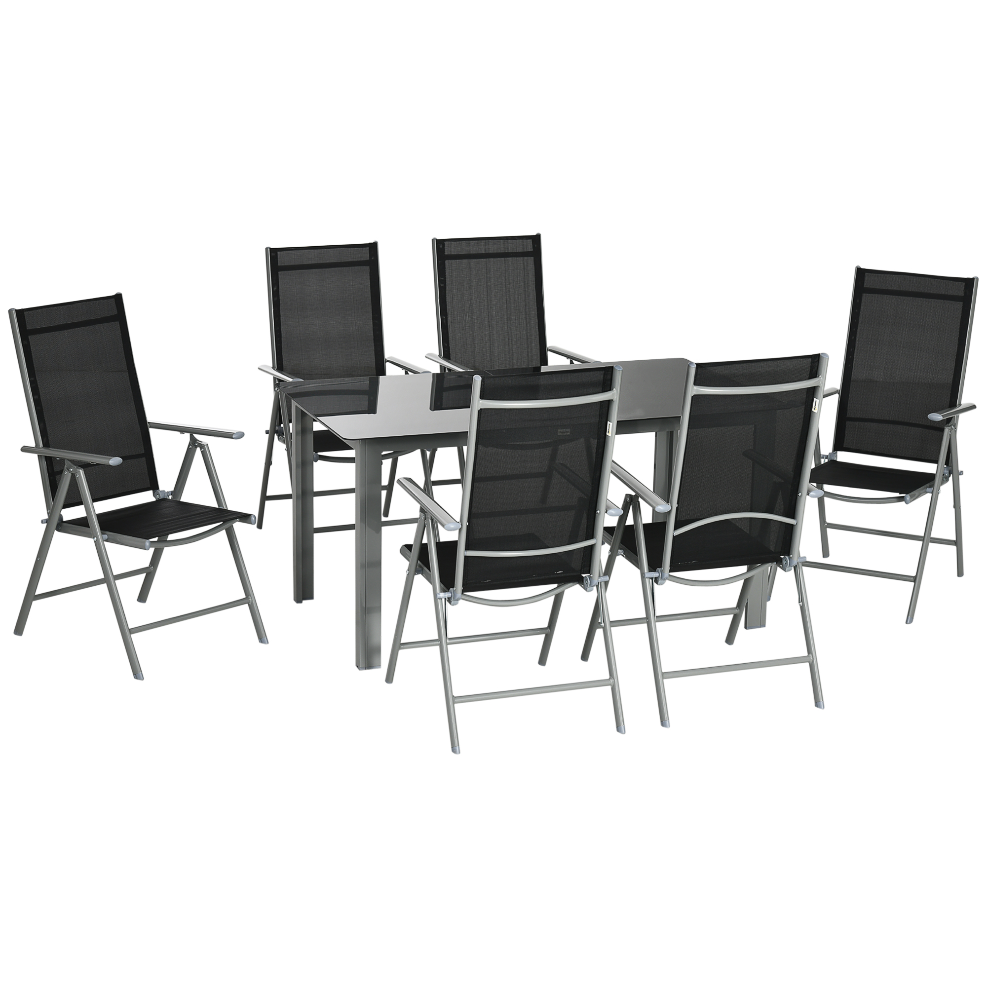 7 Piece Garden Dining Set, Outdoor Table and 6 Folding and Reclining Chairs, Aluminium Frame, Tempered Glass Top Table Texteline Seats Black - Life 