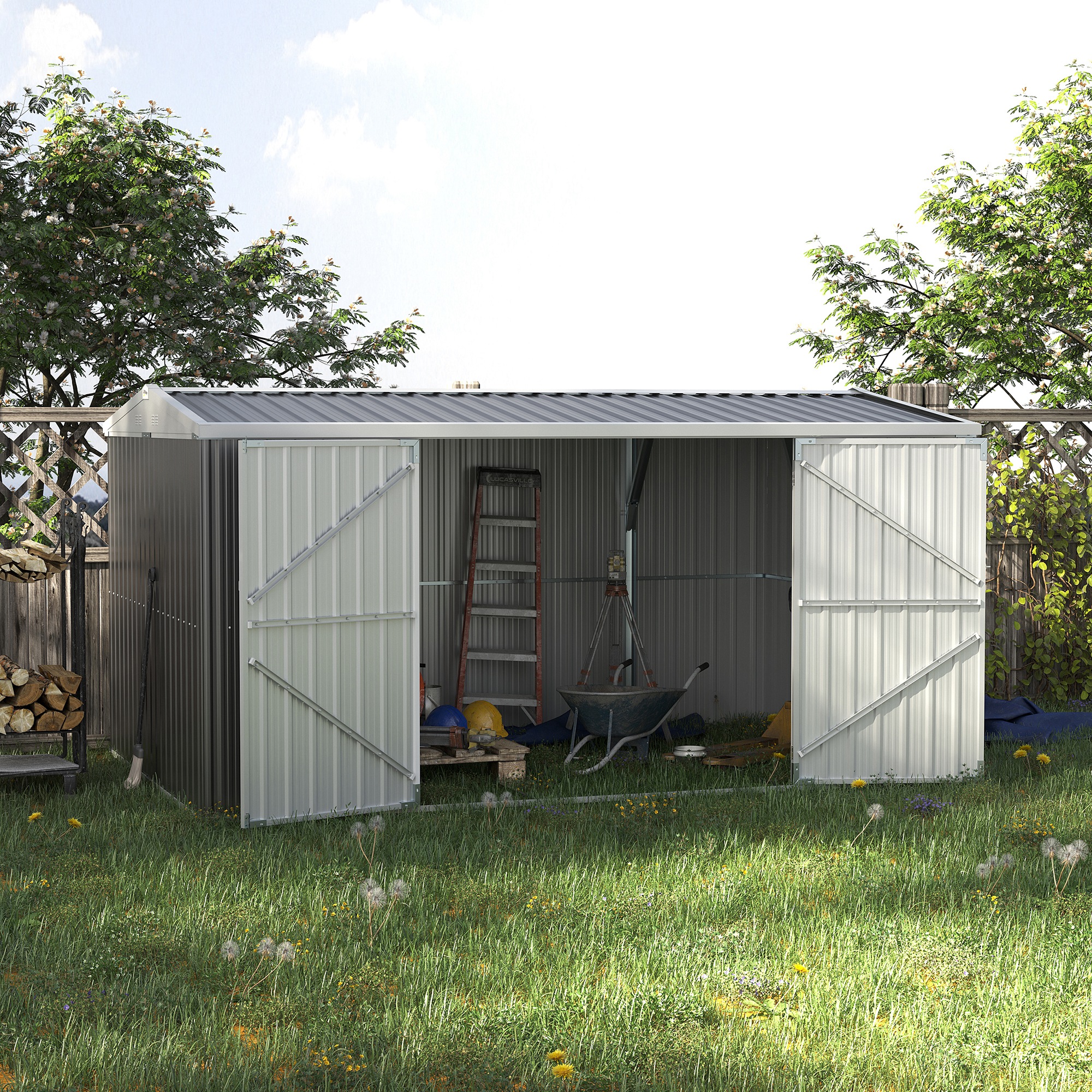 14 x 8 ft Lockable Garden Shed Large Patio Roofed Tool Metal Storage Building Foundation Sheds Box Outdoor Furniture - Grey - Life Essentials
