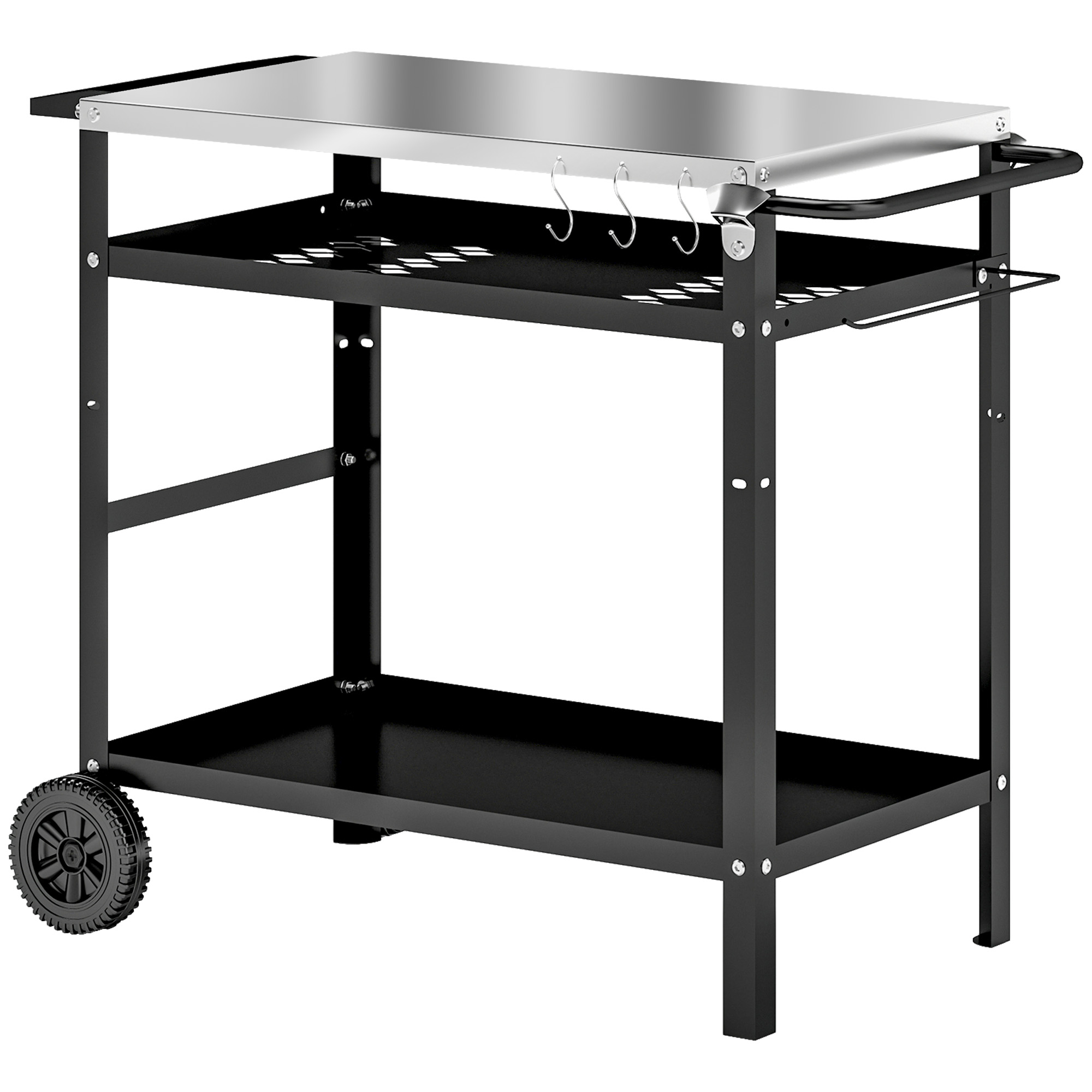 SUNVISTA BBQ Trolley with Stainless Steel Top, Adjustable Shelf, Hooks, Towel Rack, Outdoor Grill Cart, Black - Life Essentials