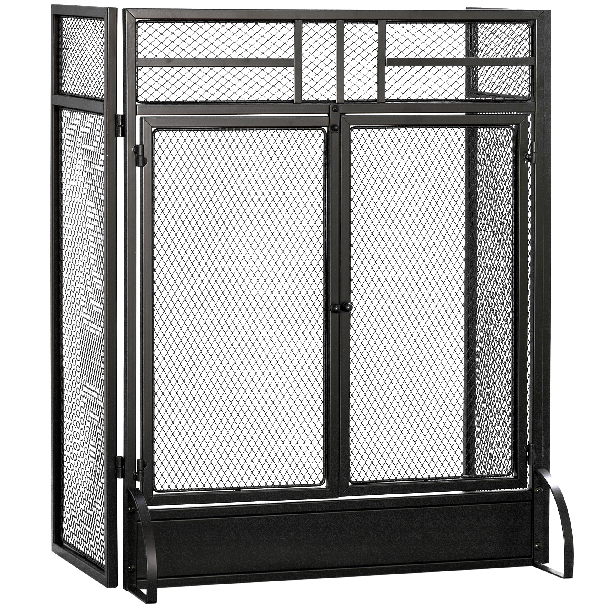 3-Panel Folding Fireplace Screen with Door, Freestanding Spark Guard, Metal Mesh Fireguard, Black - Life Essentials