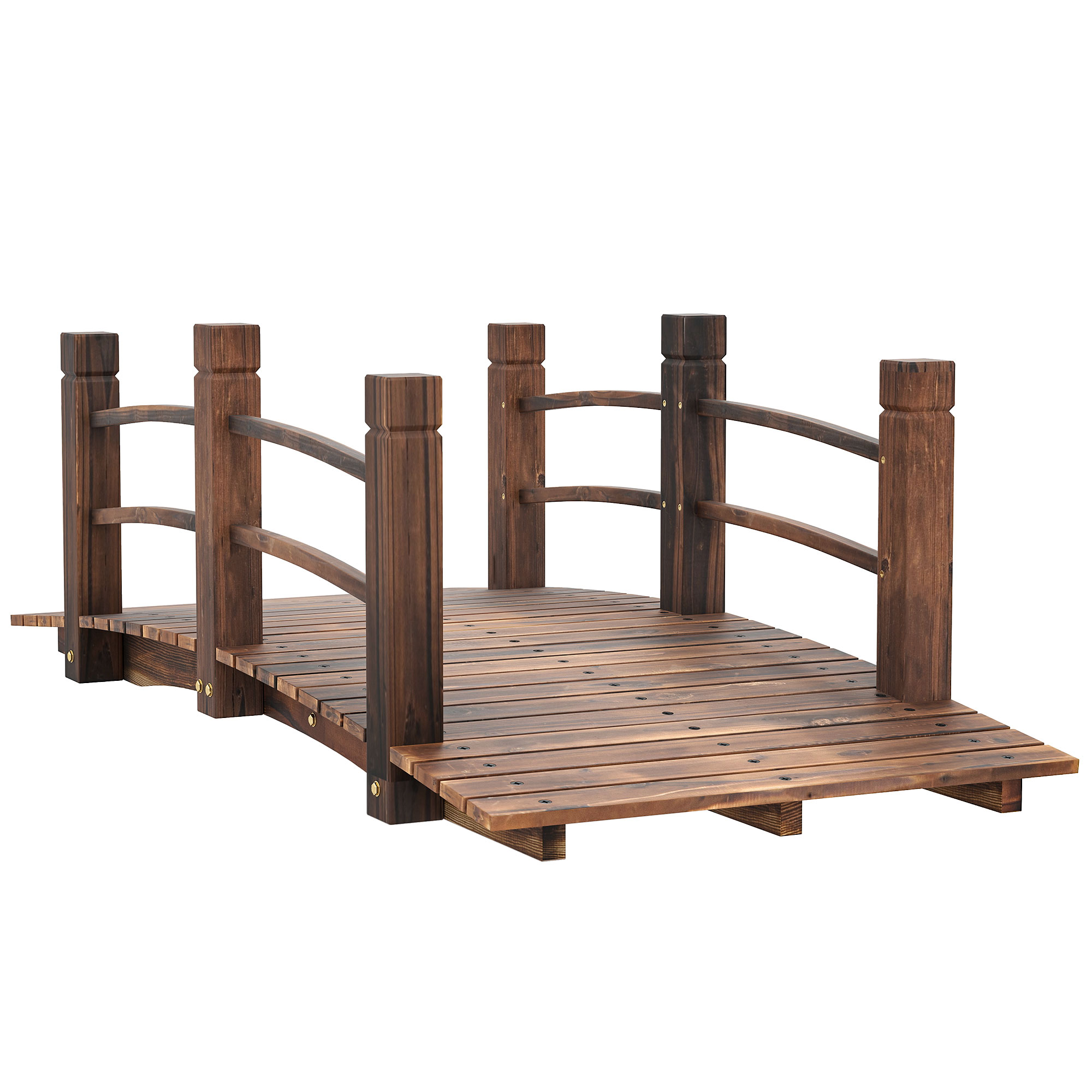 Wooden Garden Bridge Lawn Décor Stained Finish Arc Outdoor Pond Walkway w/ Railings - Life Essentials