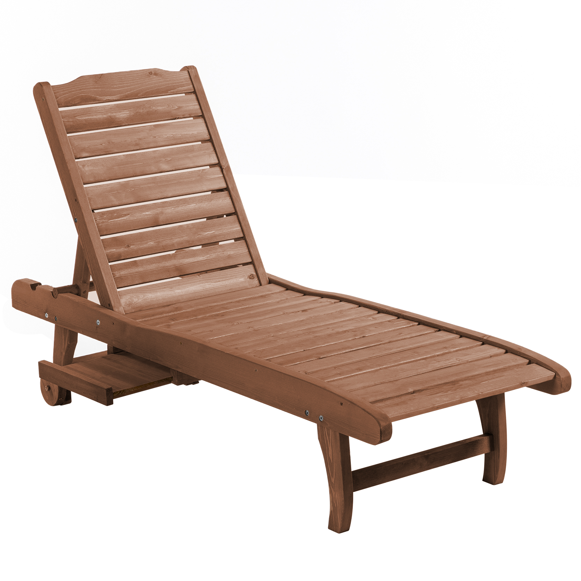 Outdoor Wooden Lounger Chair, Sun Bed with Built-In Table, Adjustable Backrest and Wheels, Red Brown - Life Essentials
