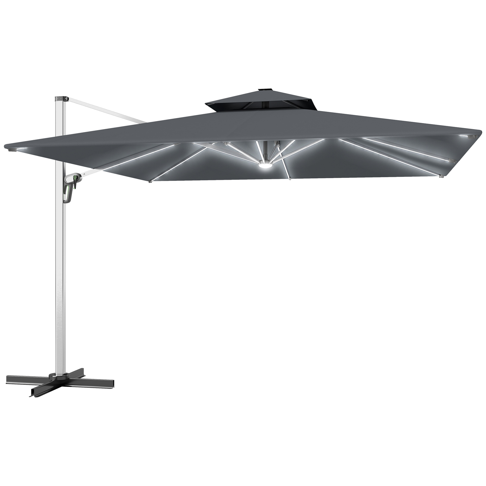 SUNVISTA 3(m) Garden Cantilever Parasol with Solar LED Lights, Cross Base, 360degree Rotation, Crank Handle and Tilt, Grey - Life Essentials
