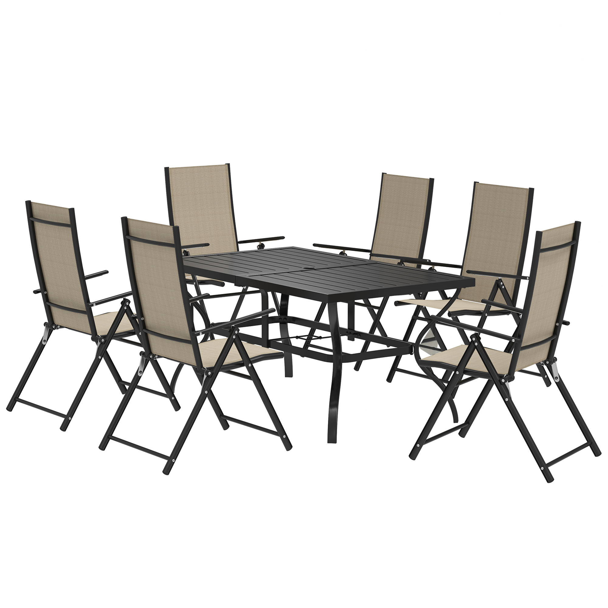 SUNVISTA Seven-Piece Steel Outdoor Dining Set, with Parasol Hole - Khaki - Life Essentials