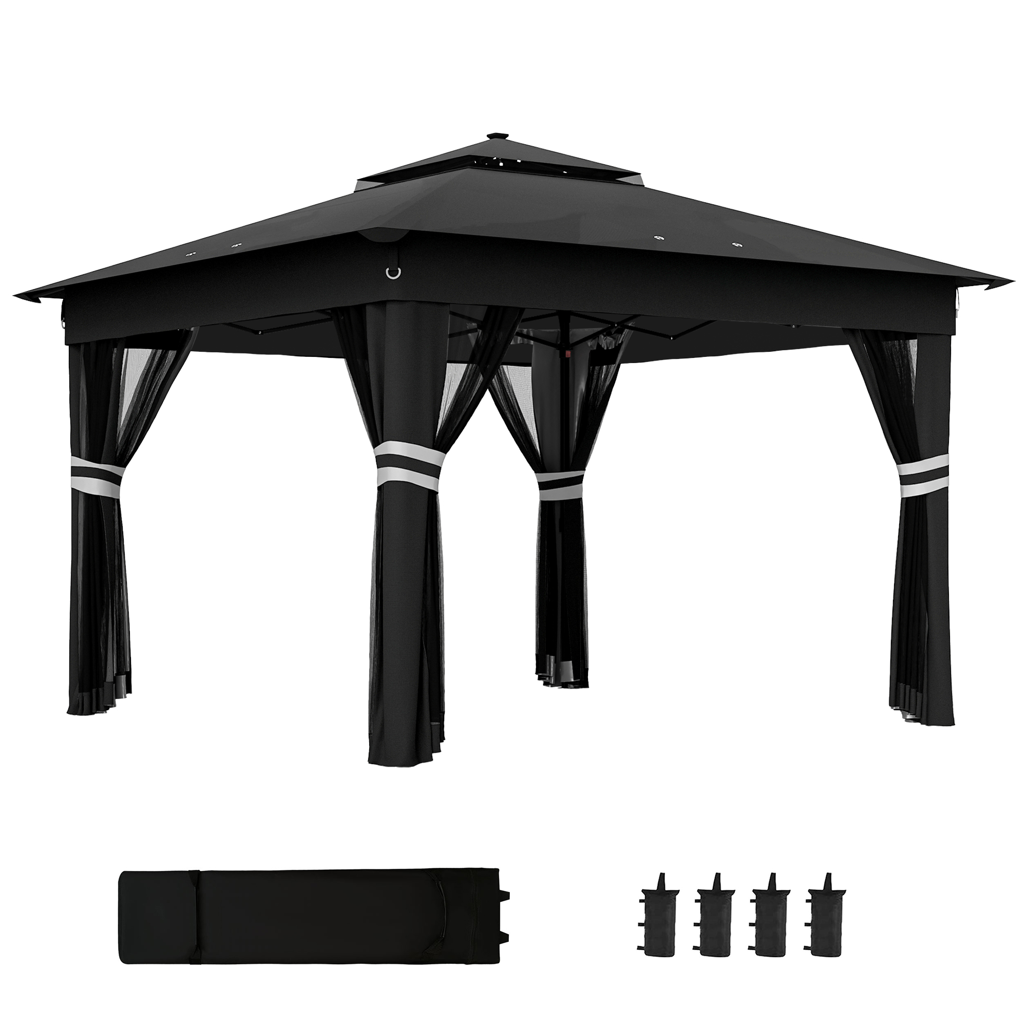 SUNVISTA 3 x 3(m) Pop Up Gazebo Party Tent with Solar-Powered LED Lights, Adjustable Event Shelter with Netting, Black - Life Essentials