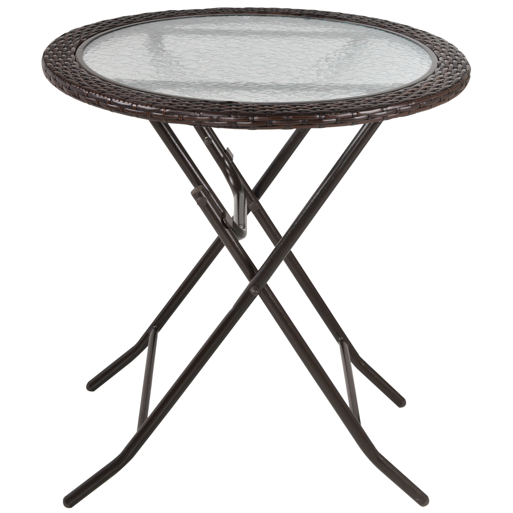 Folding Round Tempered Glass Metal Table with Brown Rattan Edging - Life Essentials