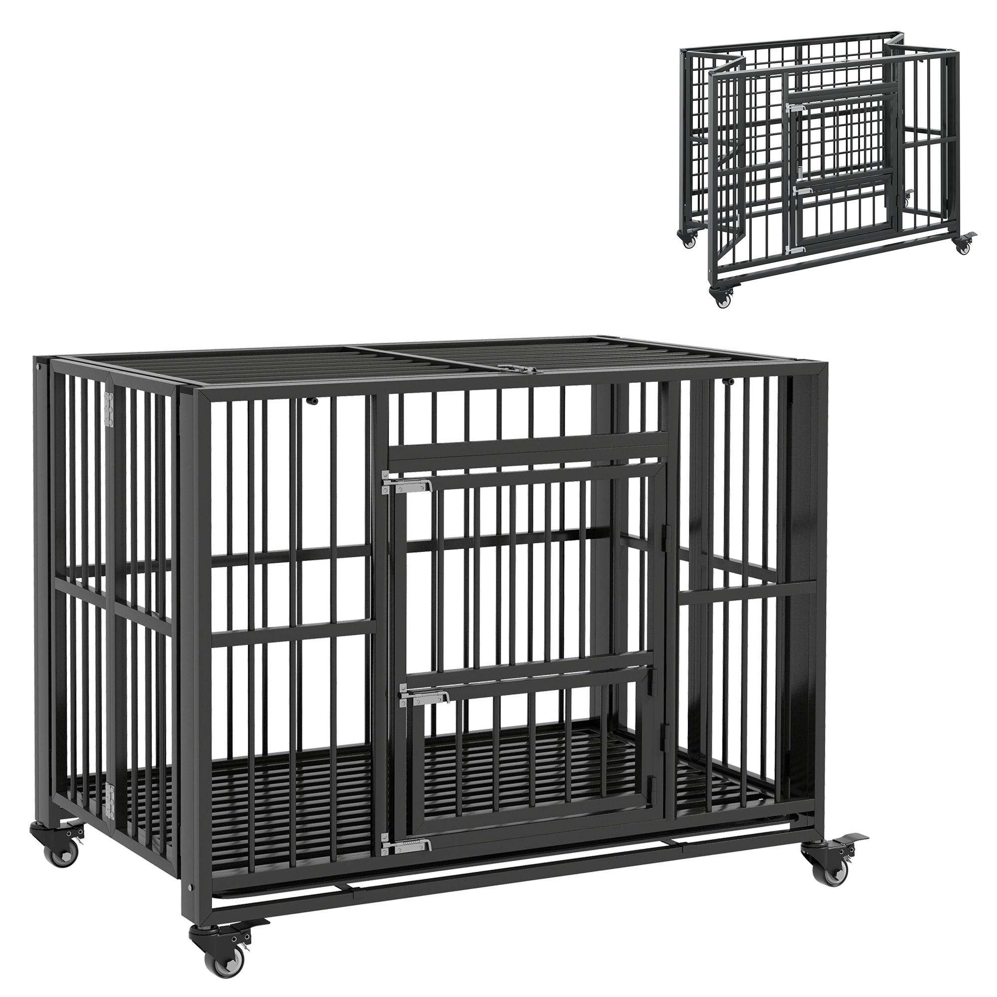 43" Heavy Duty Dog Crate, Foldable Dog Cage, with Openable Top, Locks, Removable Tray, Wheels - Black - Life Essentials