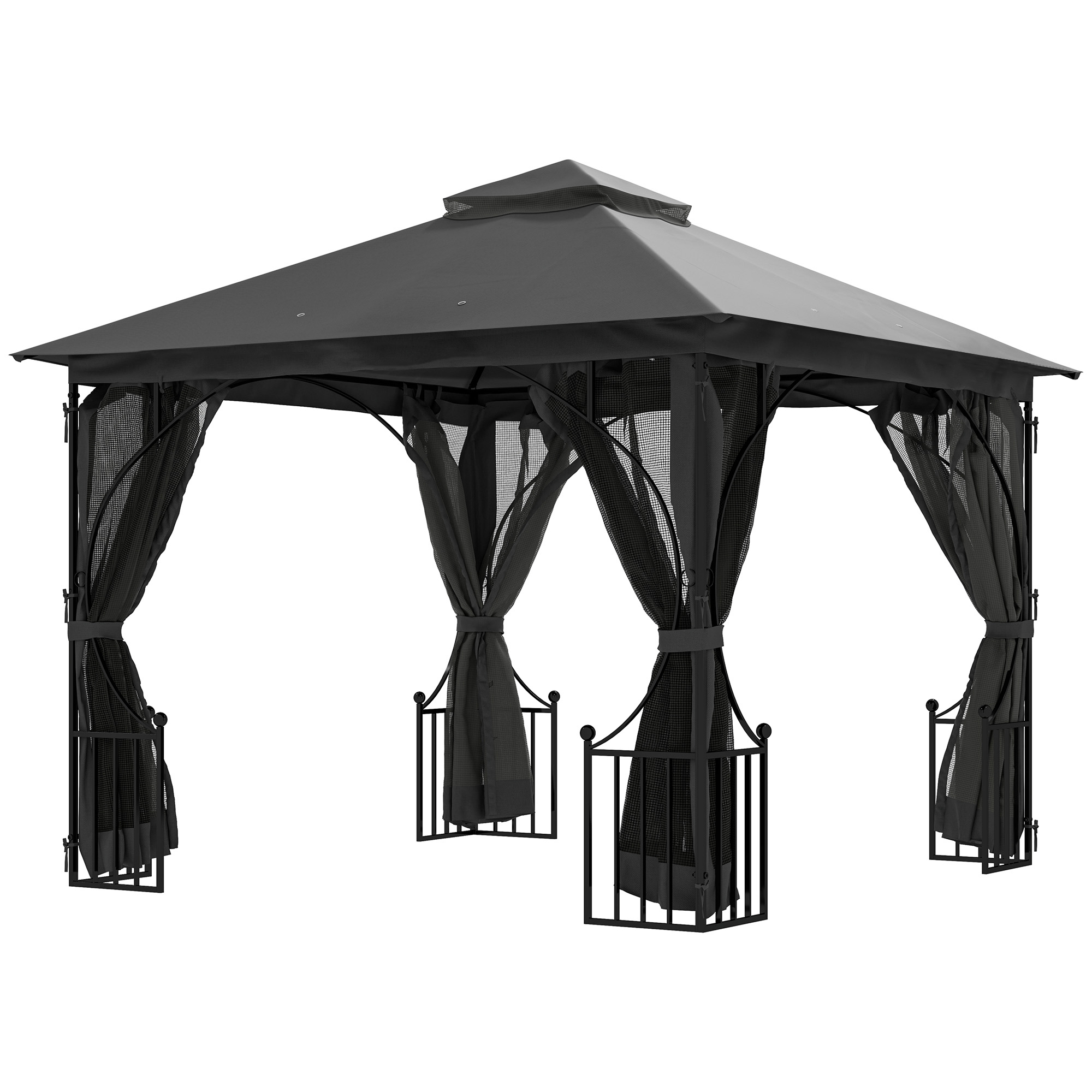 SUNVISTA 3 x 3(m) Garden Gazebo Patio Party Tent Shelter Outdoor Canopy Double Tier Sun Shade Metal Frame Netting, Dark Grey - Life Essentials