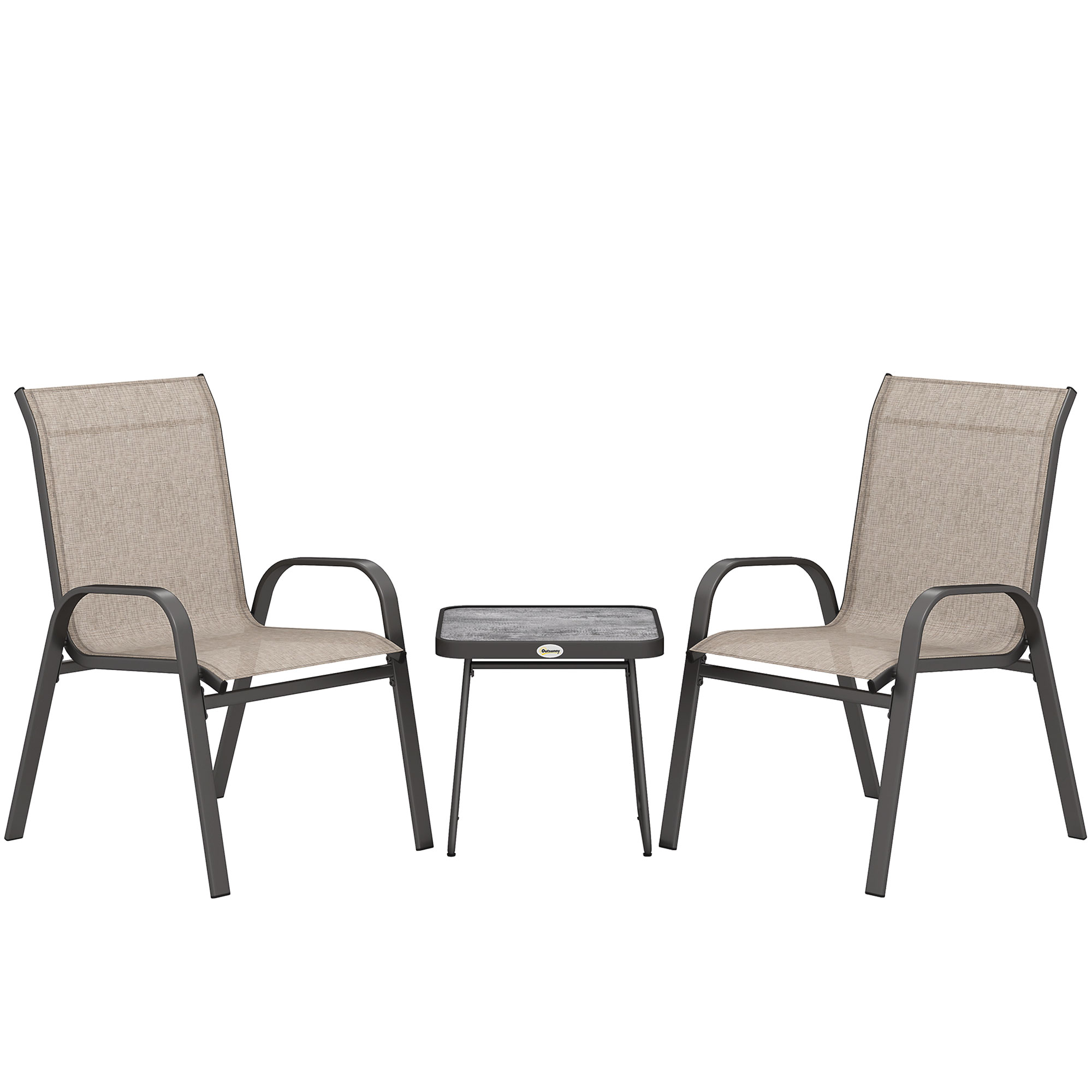 3 Pieces Outdoot Bistro Set, Patio Stackable Armchairs with Breathable Mesh Fabric and PSC Board Coffee Table, Brown - Life Essentials