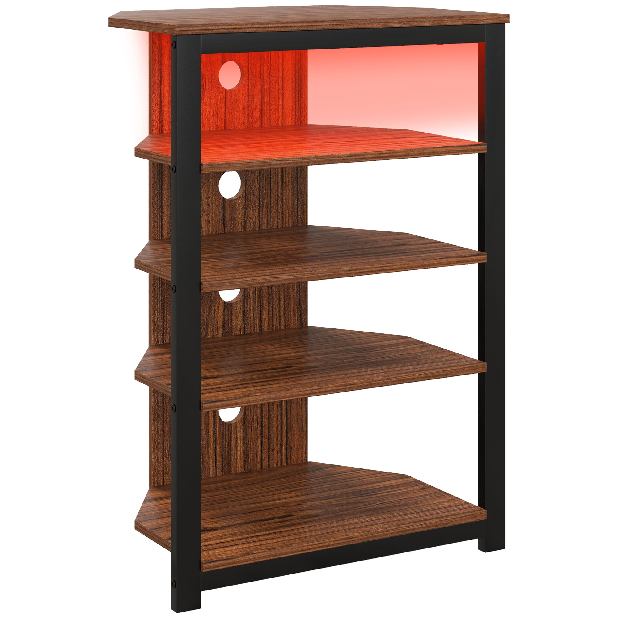 HERON 4 Tier Corner TV Stand with Storage LED Lights Cable Management - Brown - Life Essentials